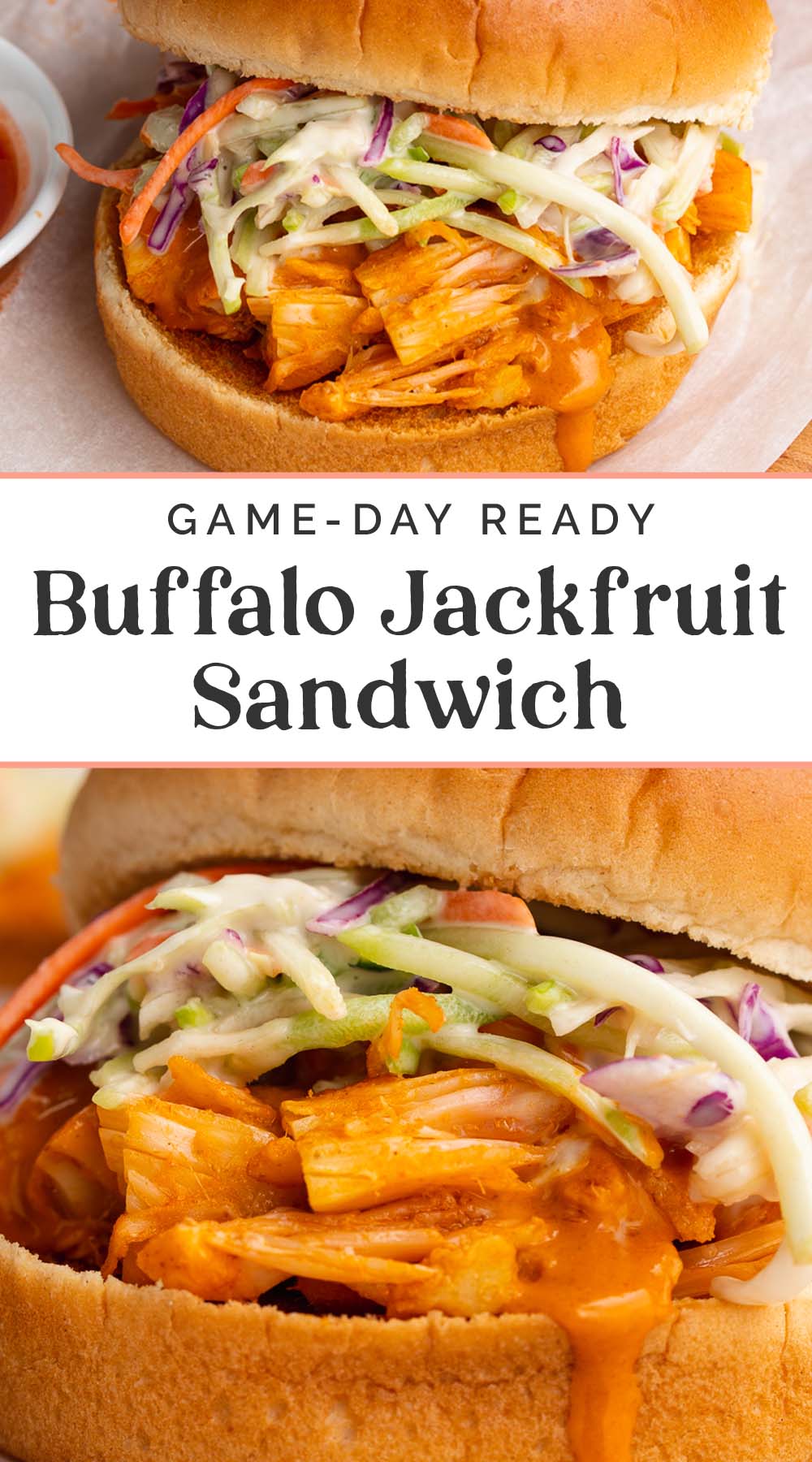 Pin graphic for buffalo jackfruit sandwich.