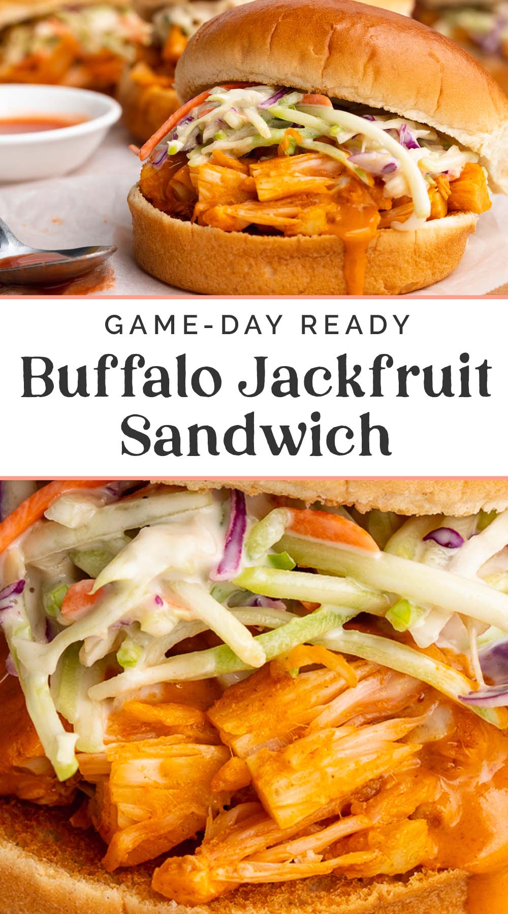 Pin graphic for buffalo jackfruit sandwich.