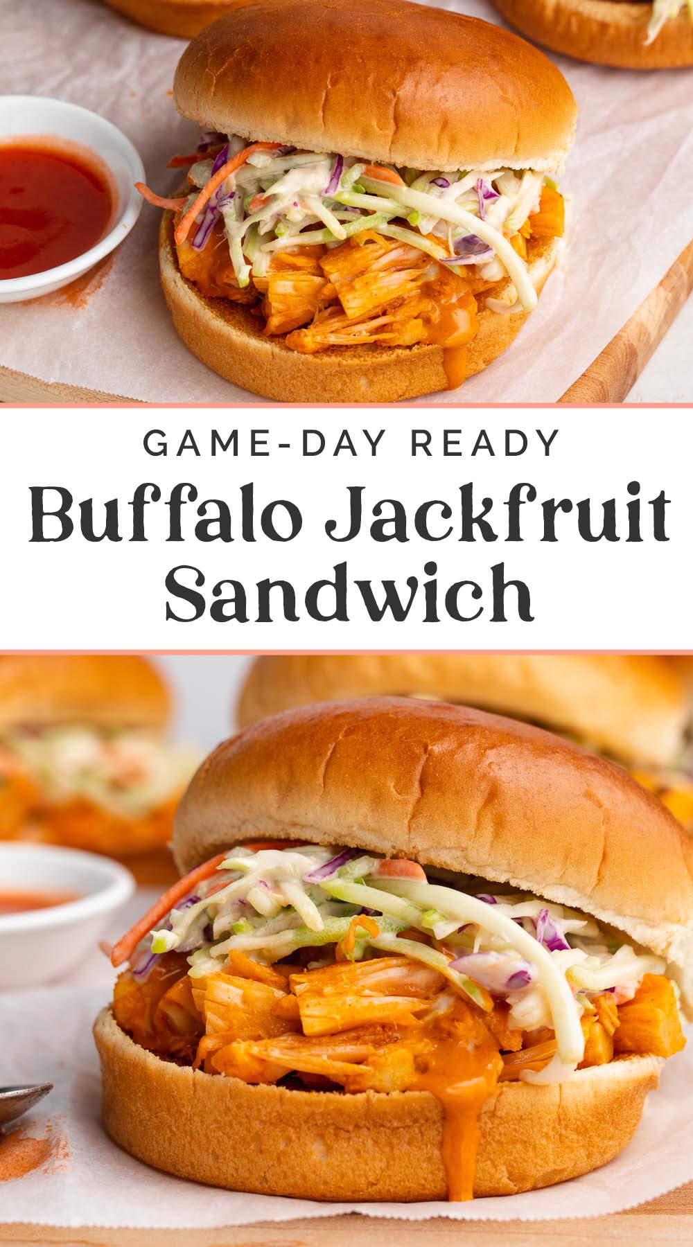 Pin graphic for buffalo jackfruit sandwich.