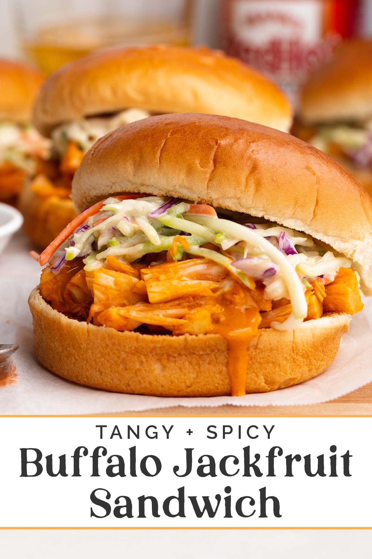 Pin graphic for buffalo jackfruit sandwich.