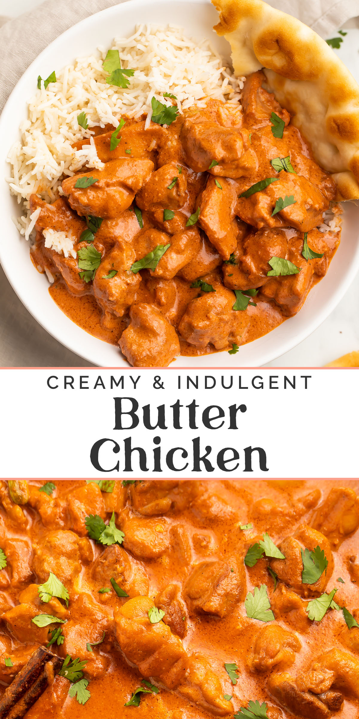 Pin graphic for butter chicken recipe.