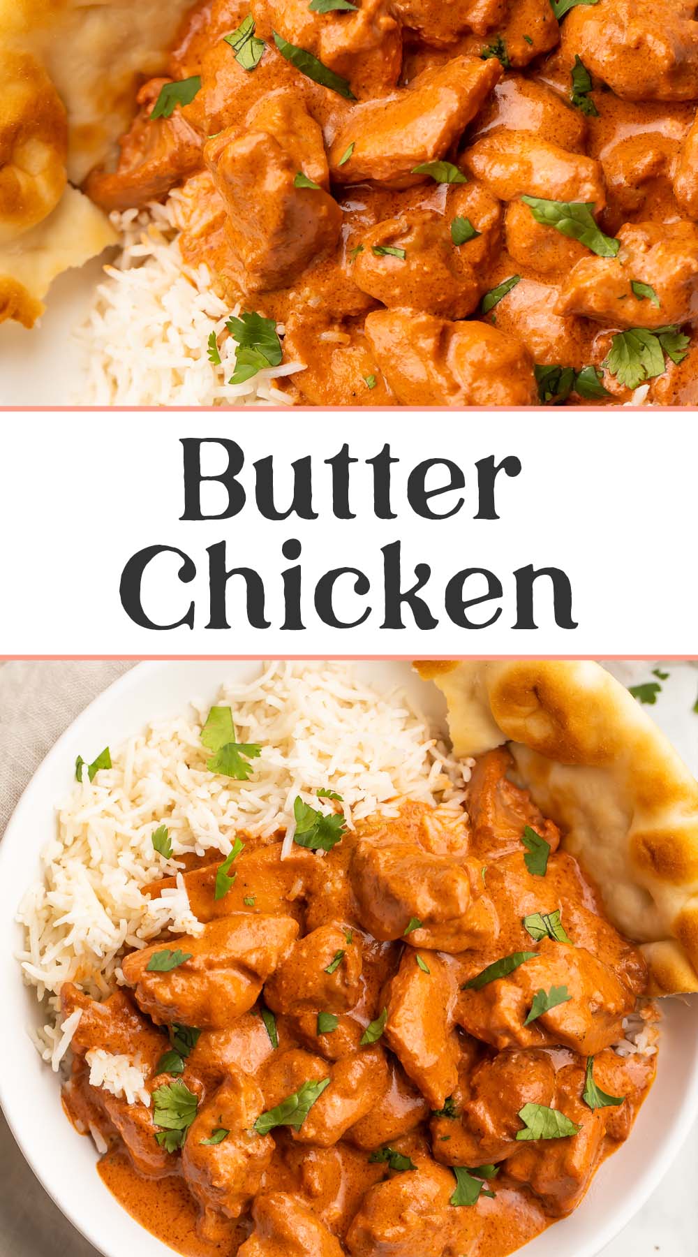 Pin graphic for butter chicken recipe.