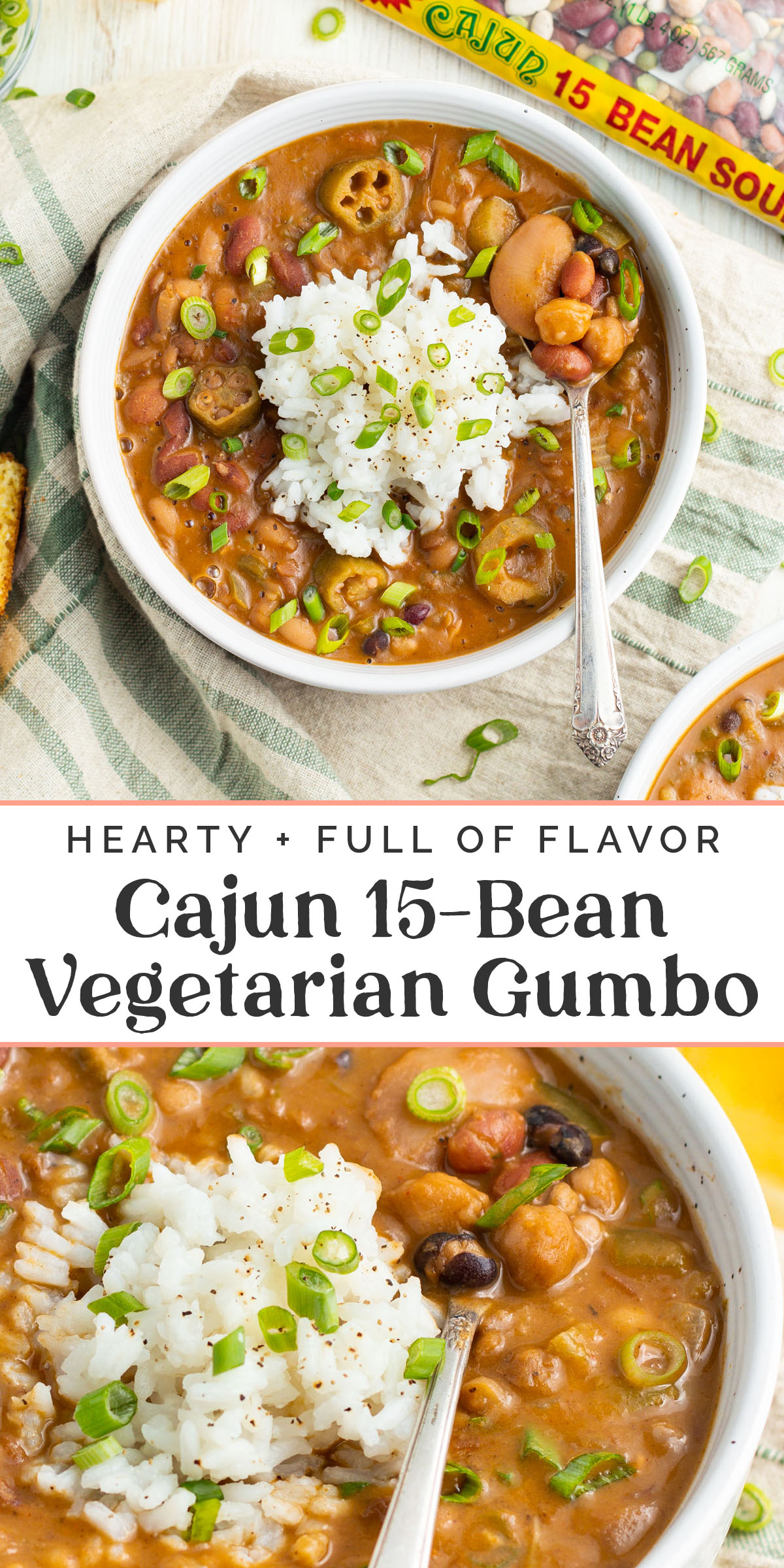 Pin graphic for Cajun 15-bean vegetarian gumbo.