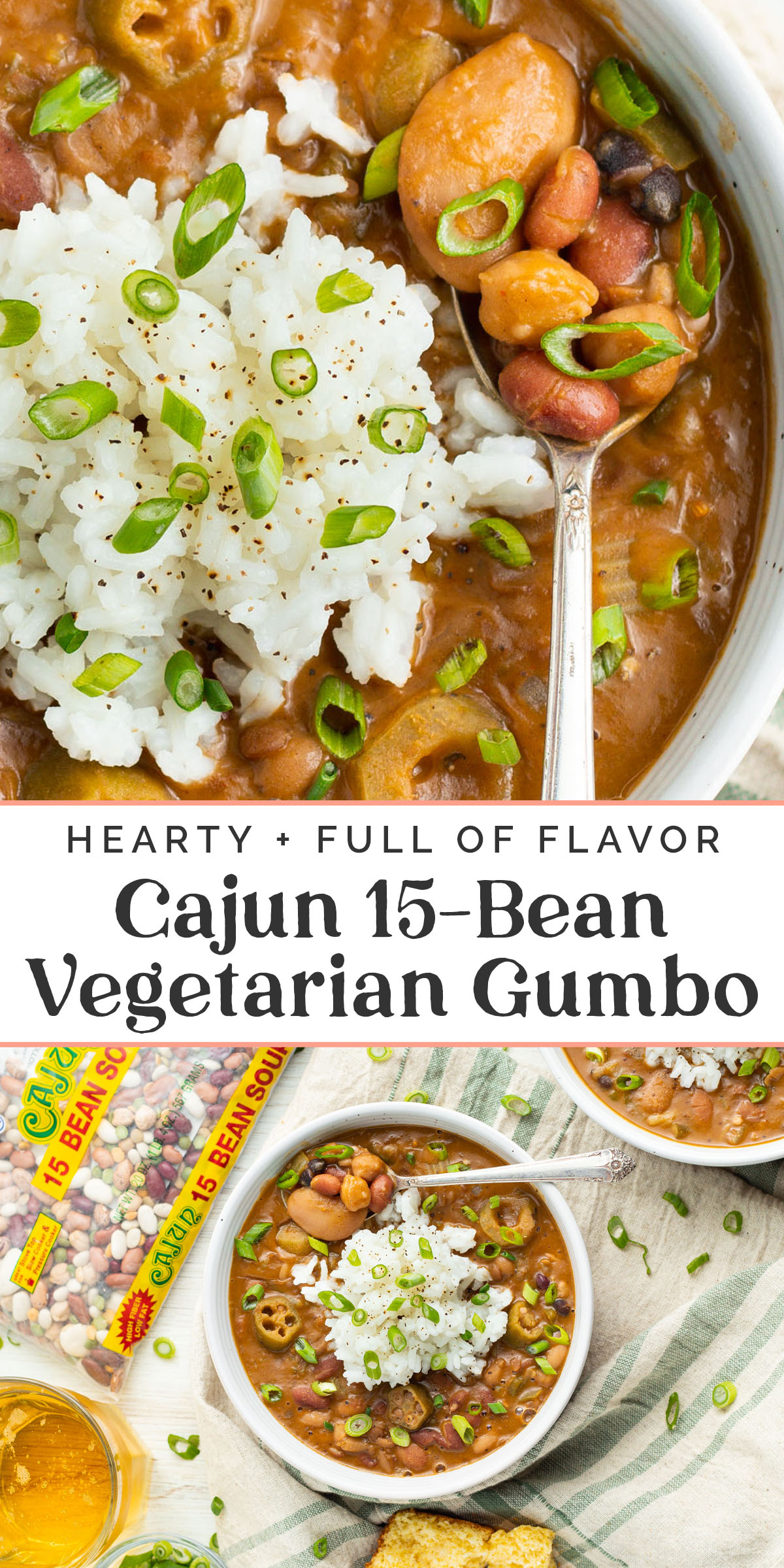 Pin graphic for Cajun 15-bean vegetarian gumbo.