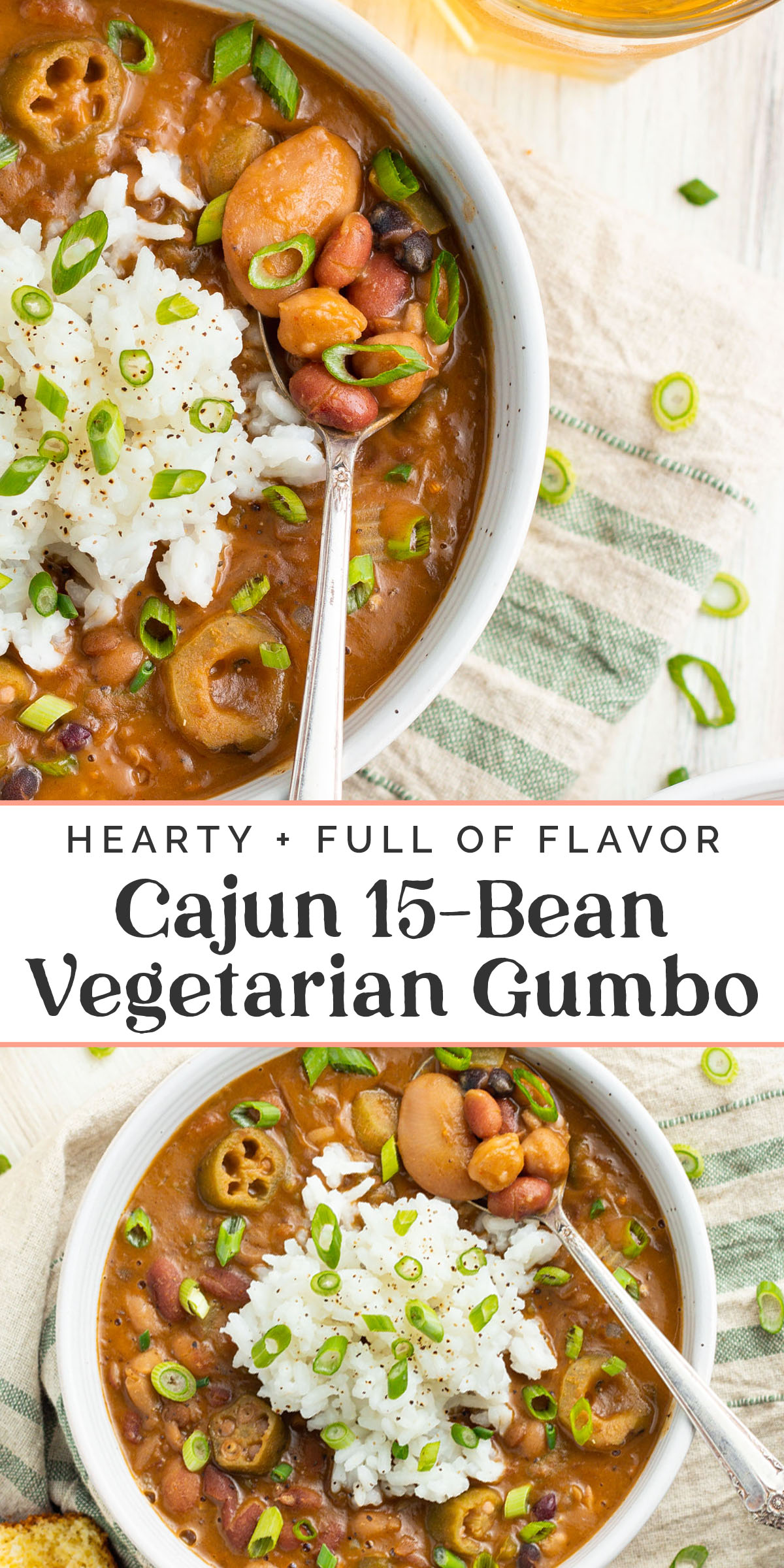 Pin graphic for Cajun 15-bean vegetarian gumbo.