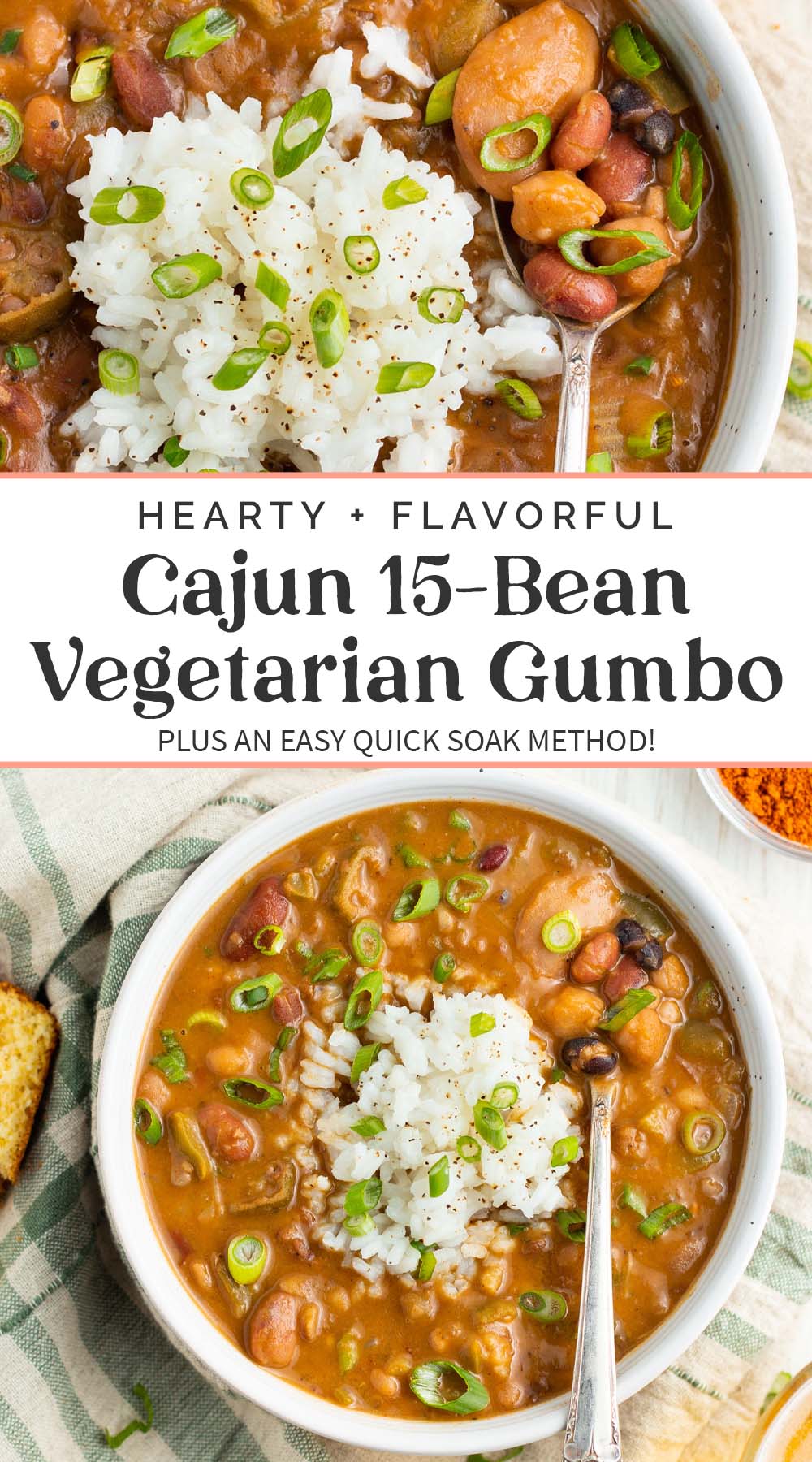 Pin graphic for Cajun 15-bean vegetarian gumbo.