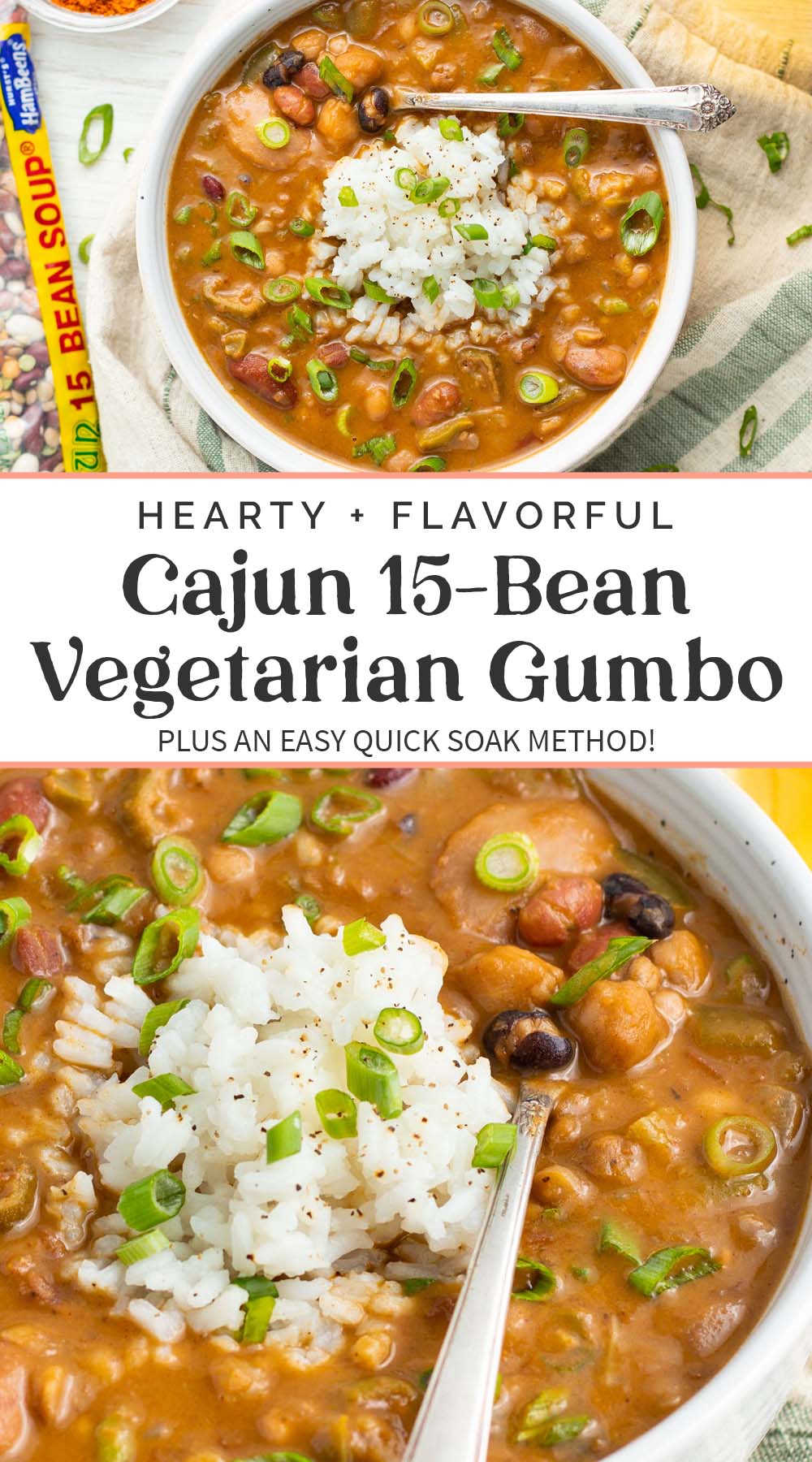 Pin graphic for Cajun 15-bean vegetarian gumbo.