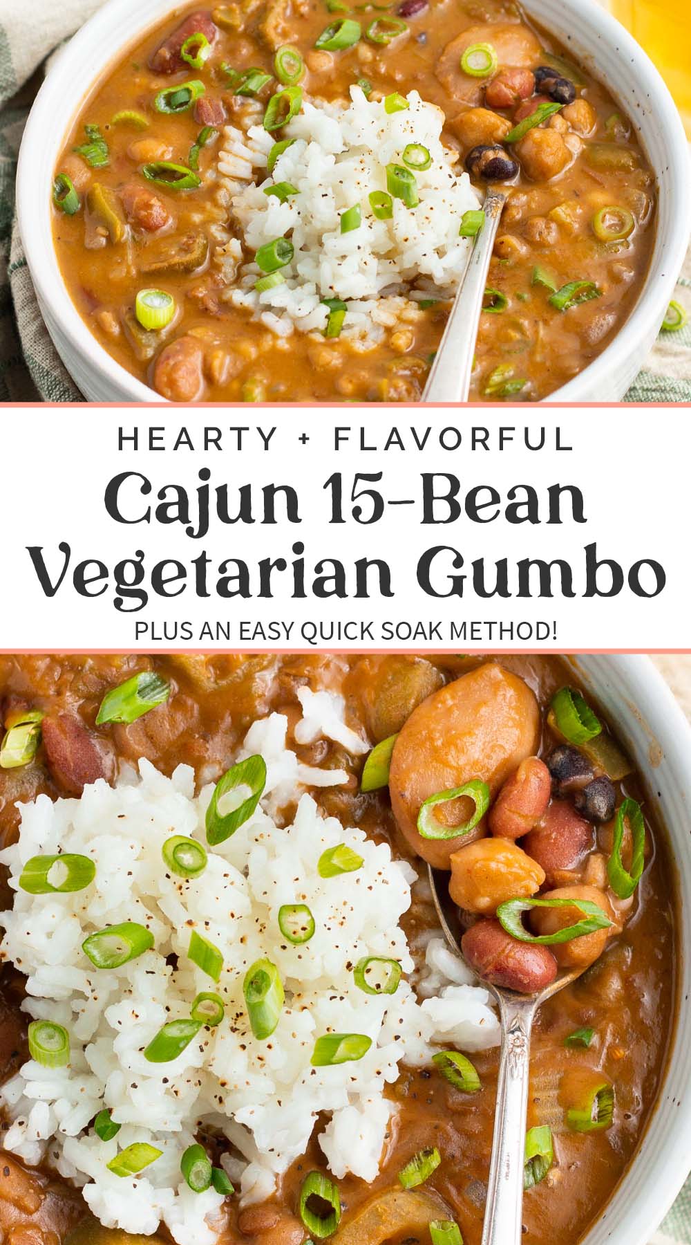 Pin graphic for Cajun 15-bean vegetarian gumbo.