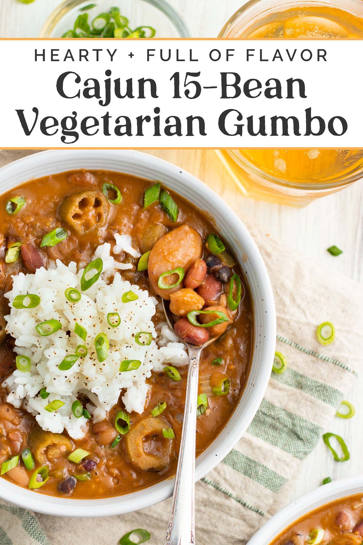 Pin graphic for Cajun 15-bean vegetarian gumbo.