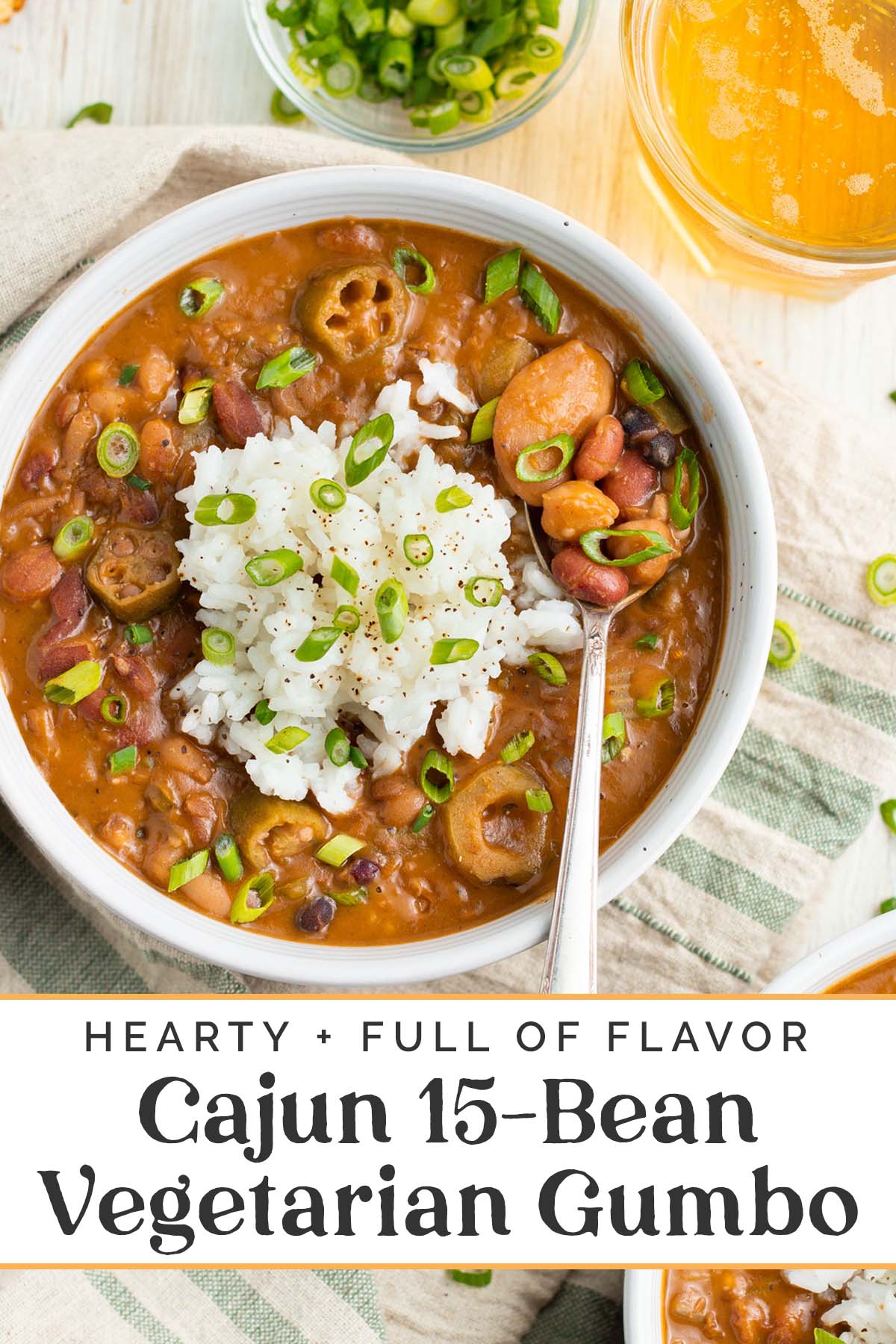 Pin graphic for Cajun 15-bean vegetarian gumbo.