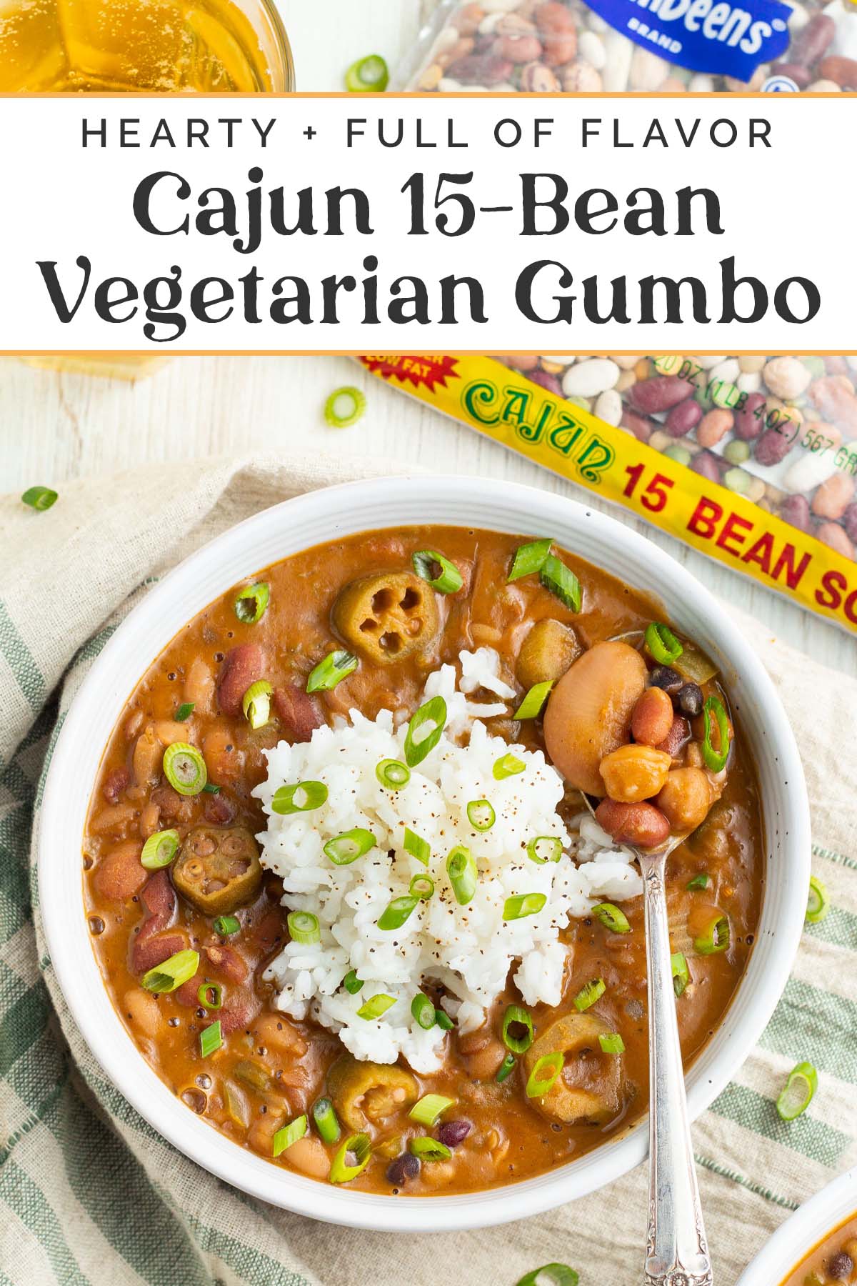 Pin graphic for Cajun 15-bean vegetarian gumbo.