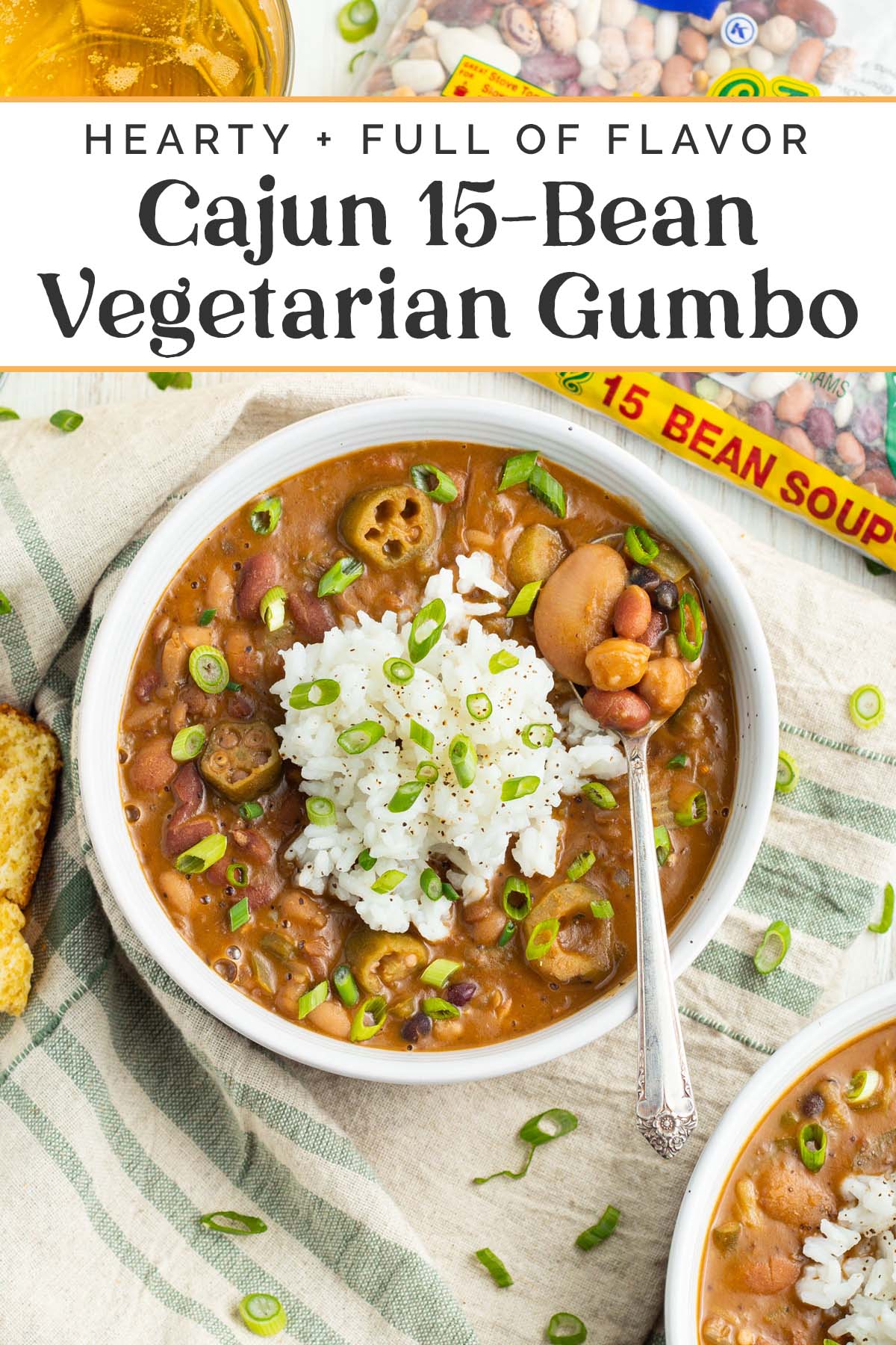 Pin graphic for Cajun 15-bean vegetarian gumbo.