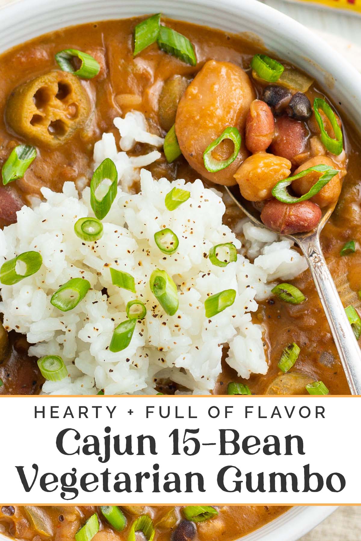 Pin graphic for Cajun 15-bean vegetarian gumbo.