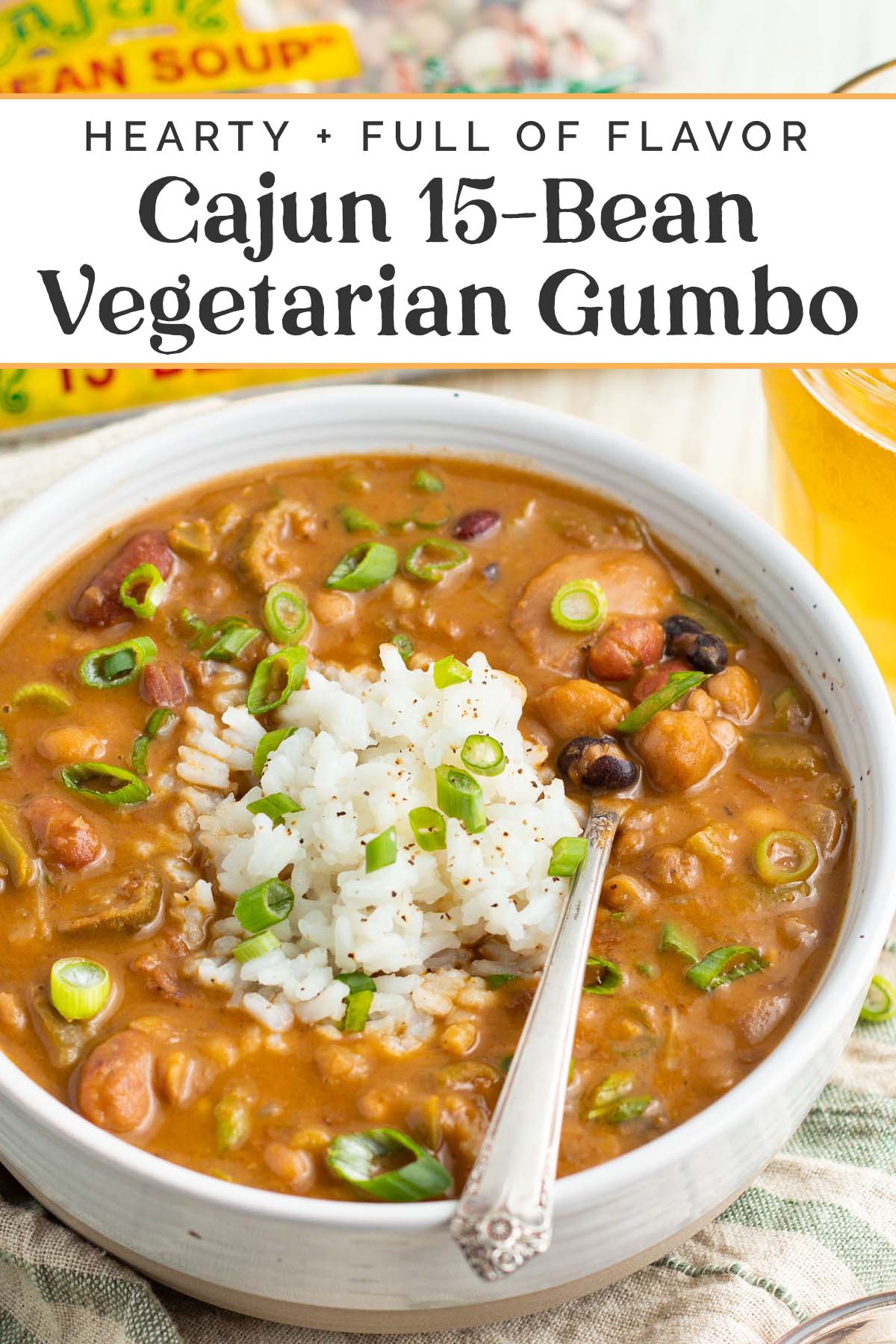 Pin graphic for Cajun 15-bean vegetarian gumbo.