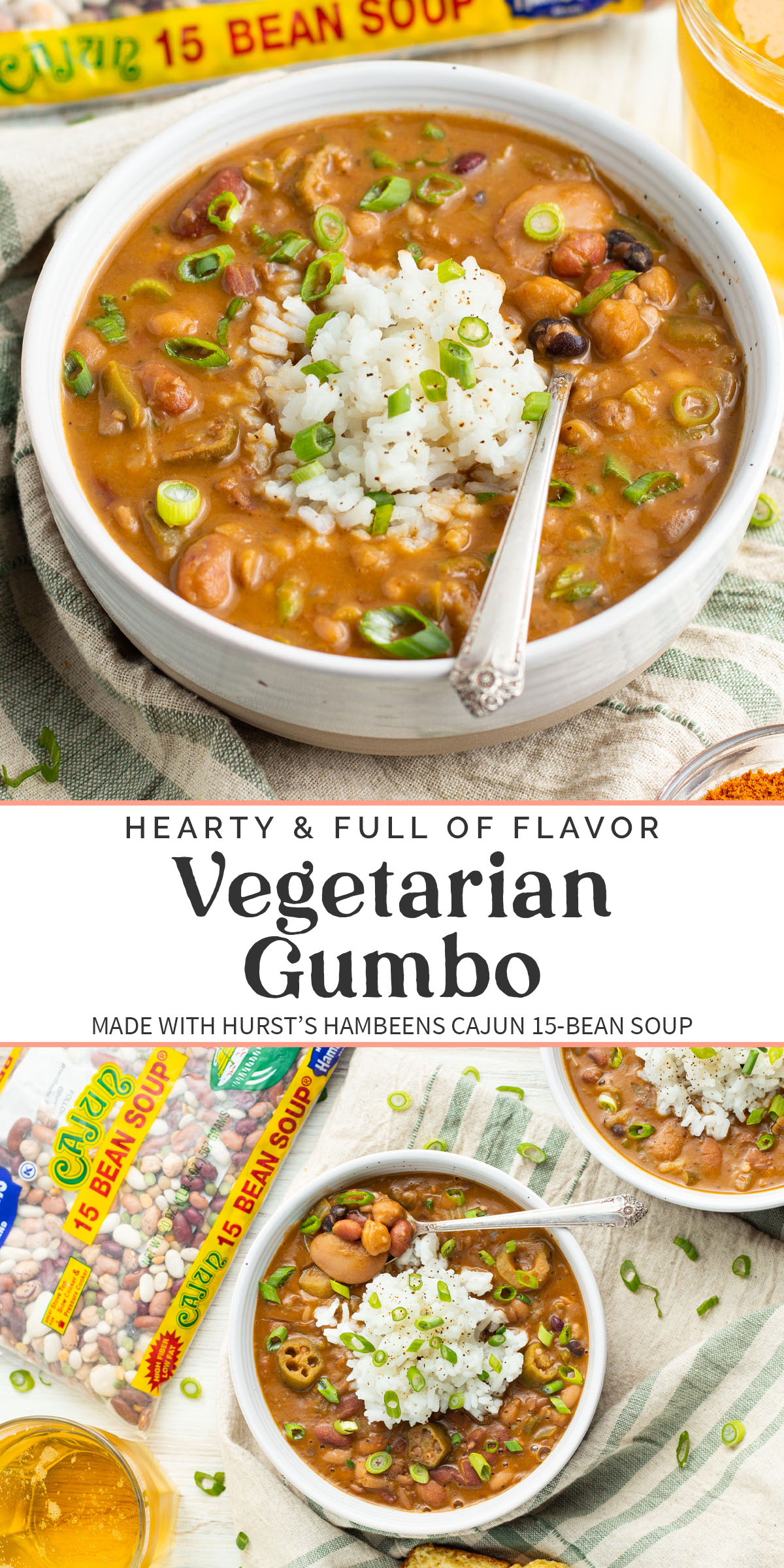 Pin graphic for 15-bean vegetarian gumbo.