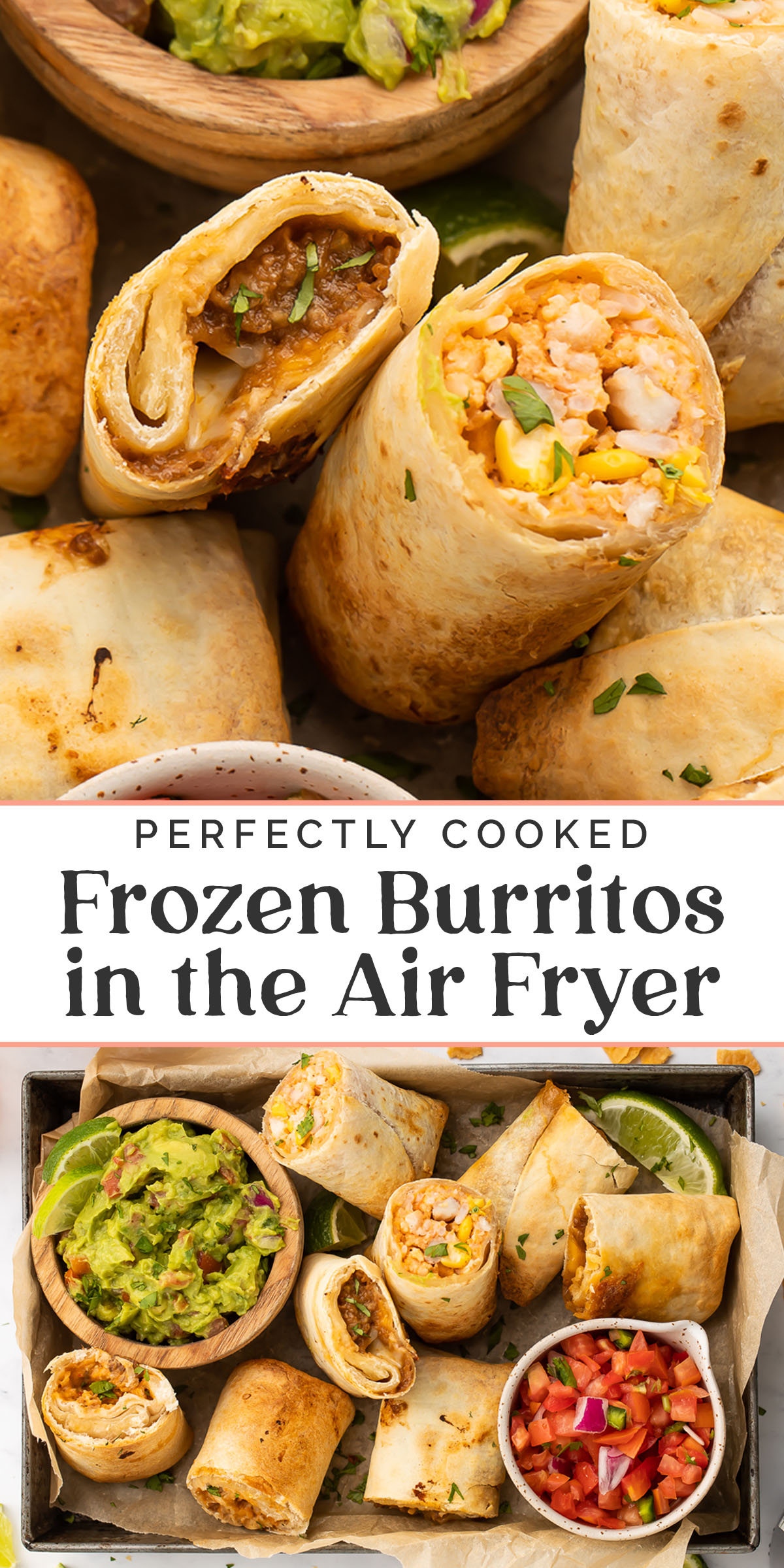 Pin graphic for frozen burritos in the air fryer.