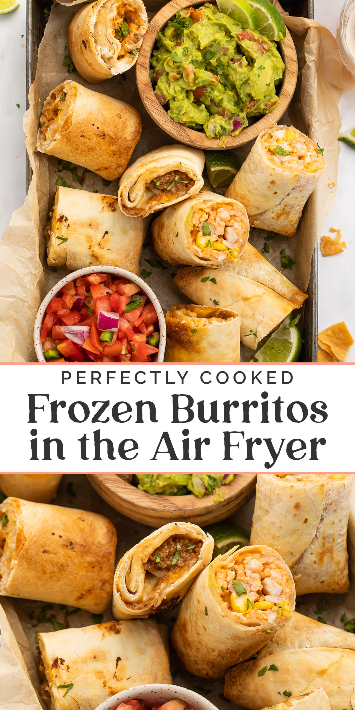 Pin graphic for frozen burritos in the air fryer.