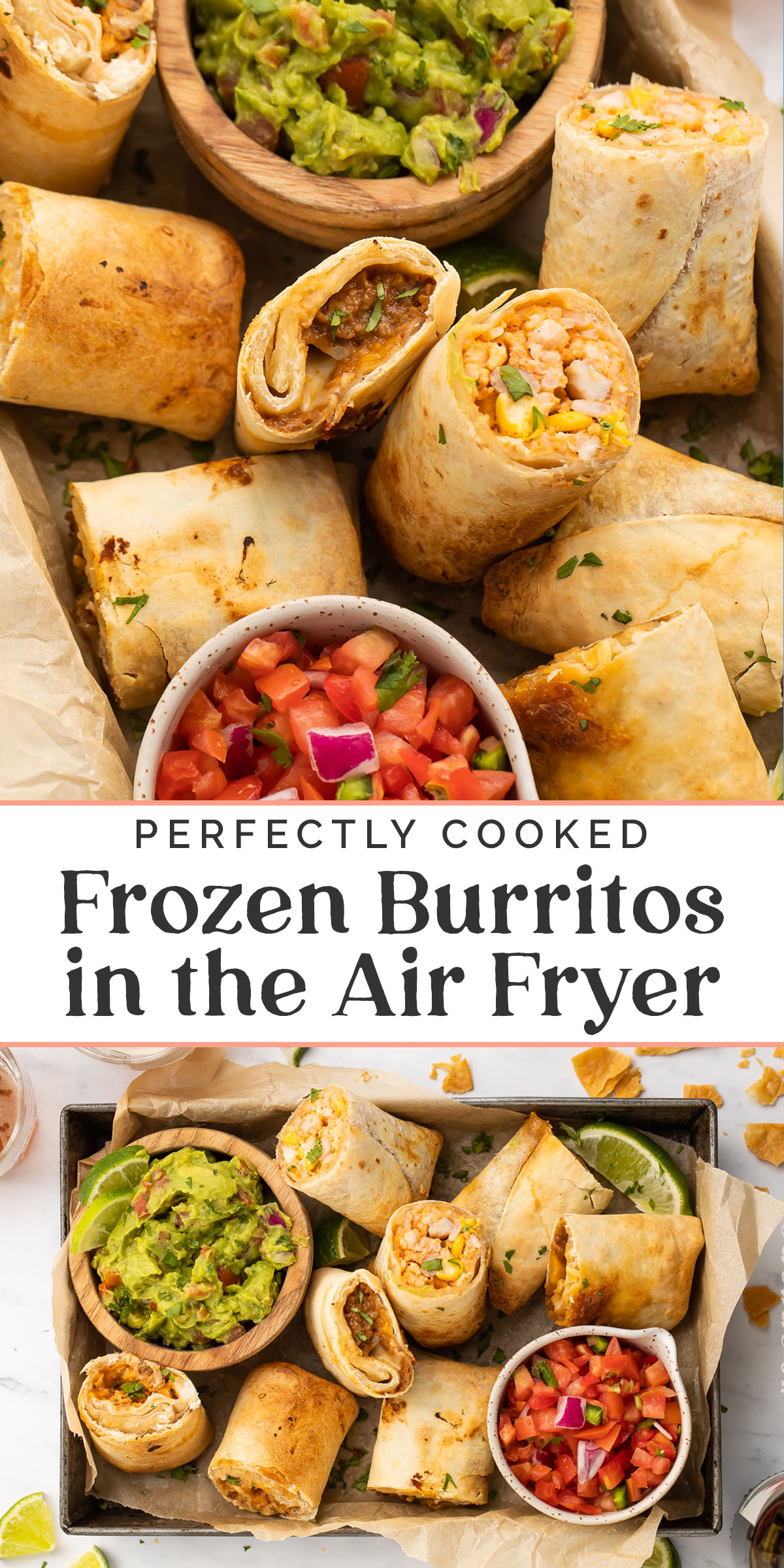 Pin graphic for frozen burritos in the air fryer.