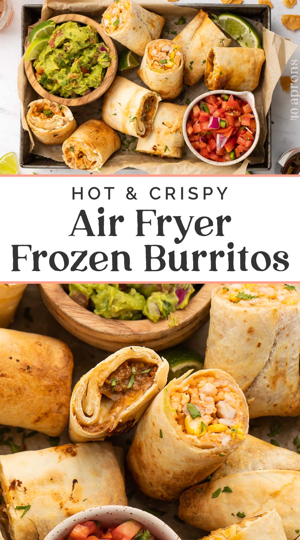 Pin graphic for frozen burritos in the air fryer.