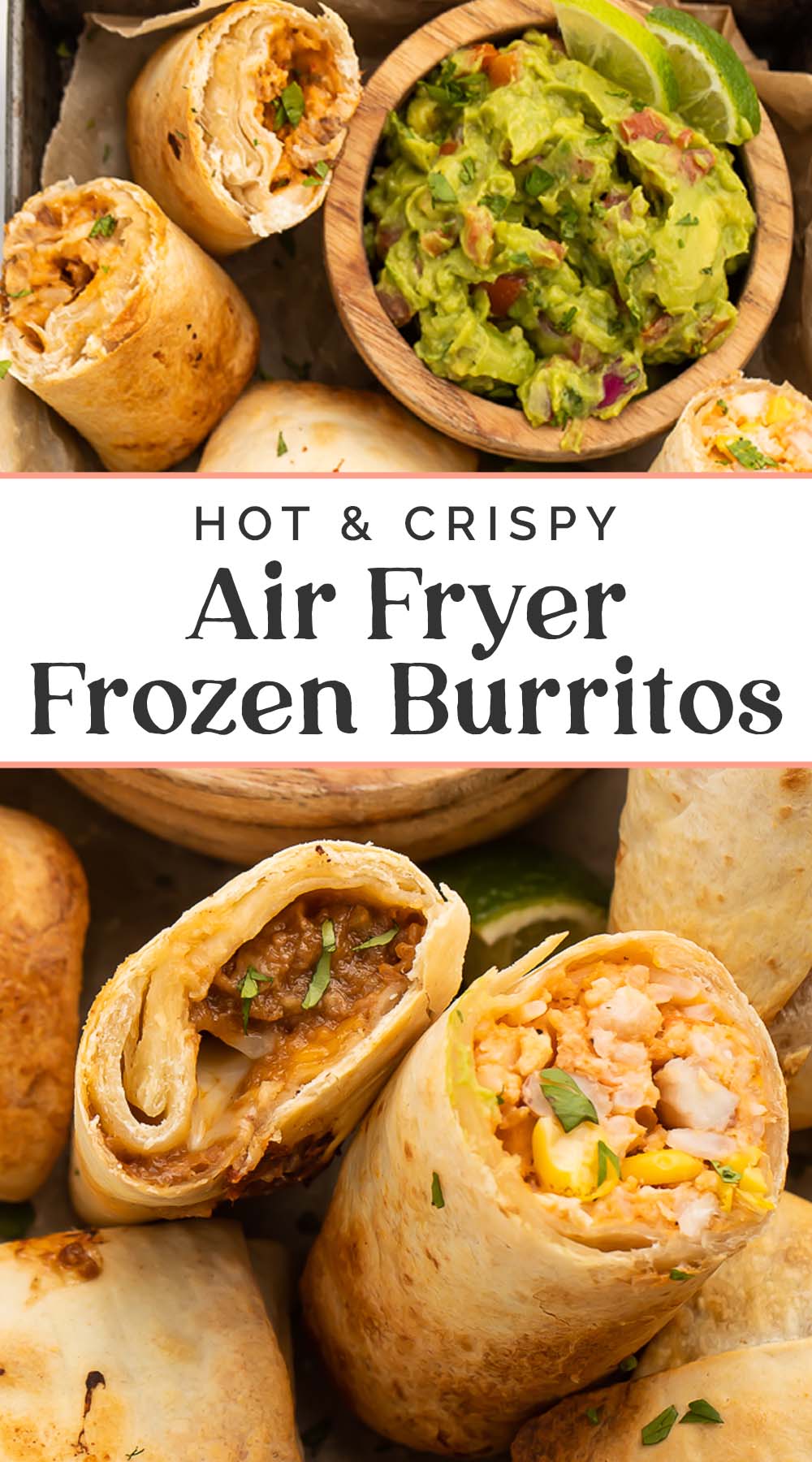 Pin graphic for frozen burritos in the air fryer.