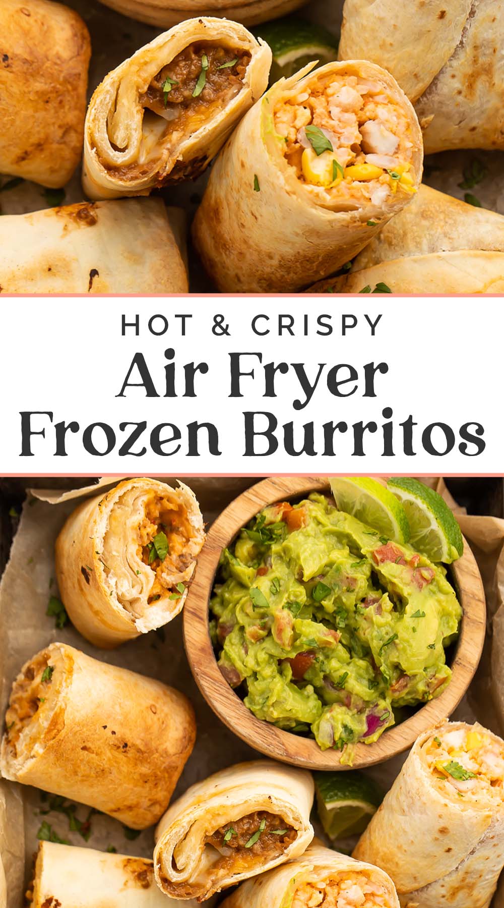 Pin graphic for frozen burritos in the air fryer.