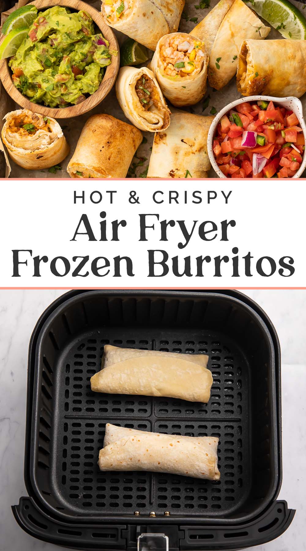 Pin graphic for frozen burritos in the air fryer.