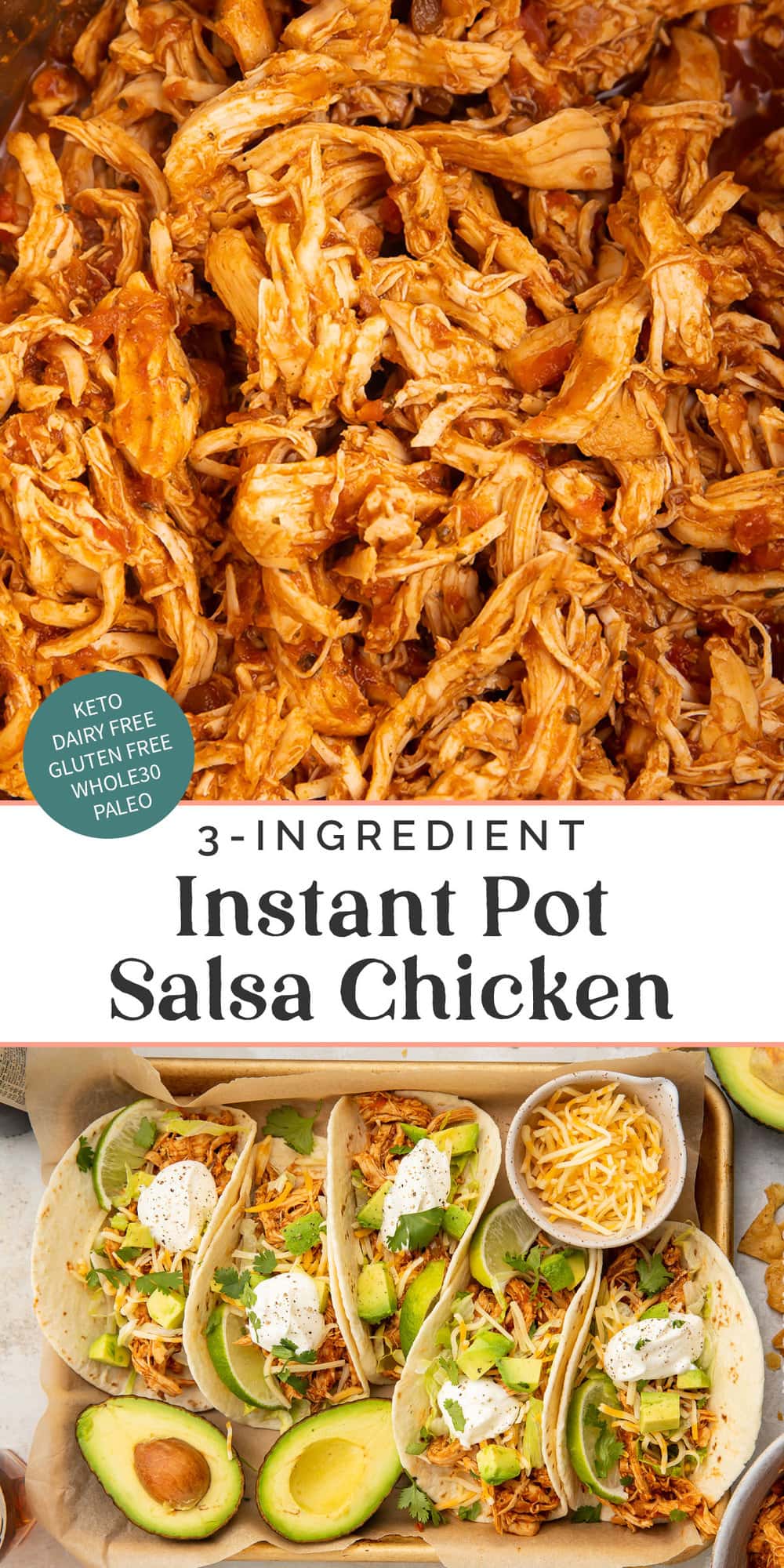 Pin graphic for Instant Pot salsa chicken.