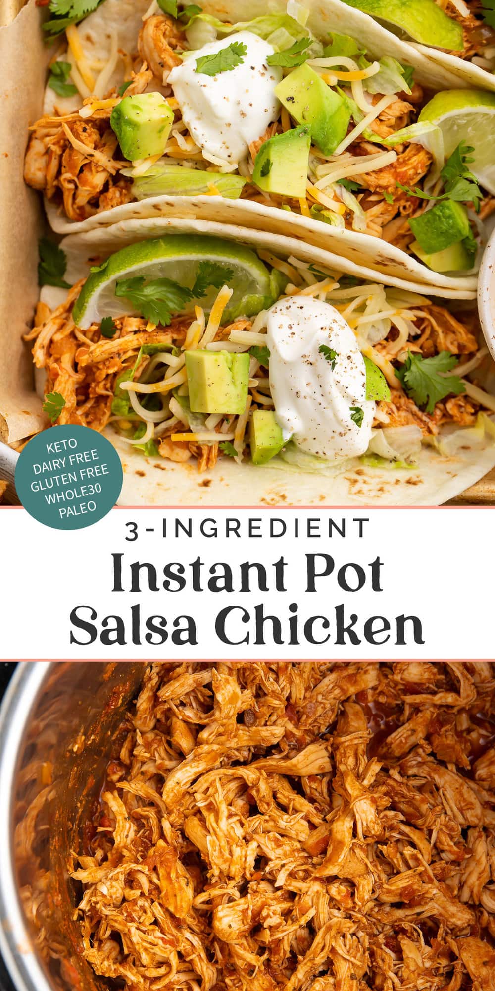 Pin graphic for Instant Pot salsa chicken.