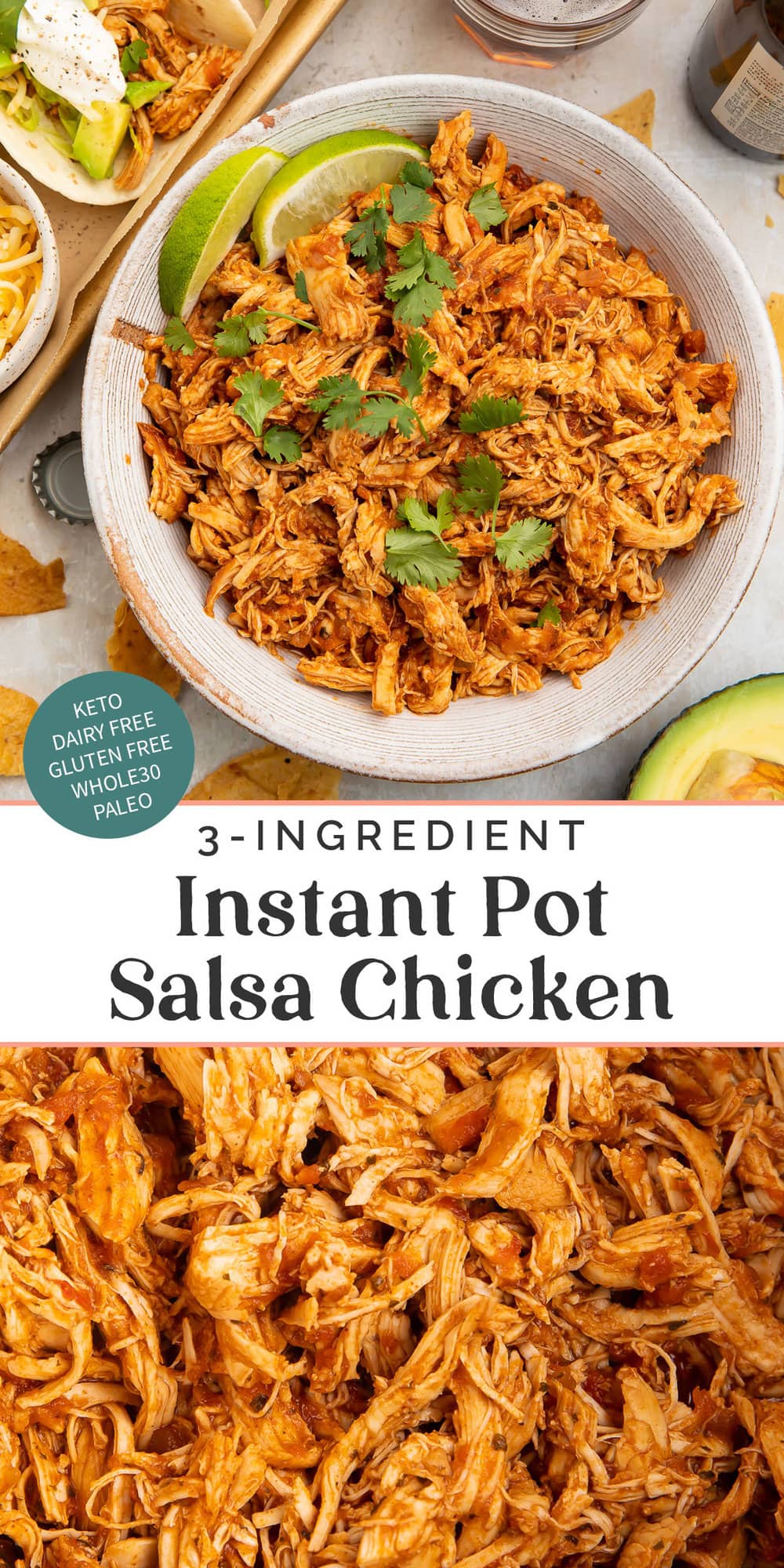 Pin graphic for Instant Pot salsa chicken.