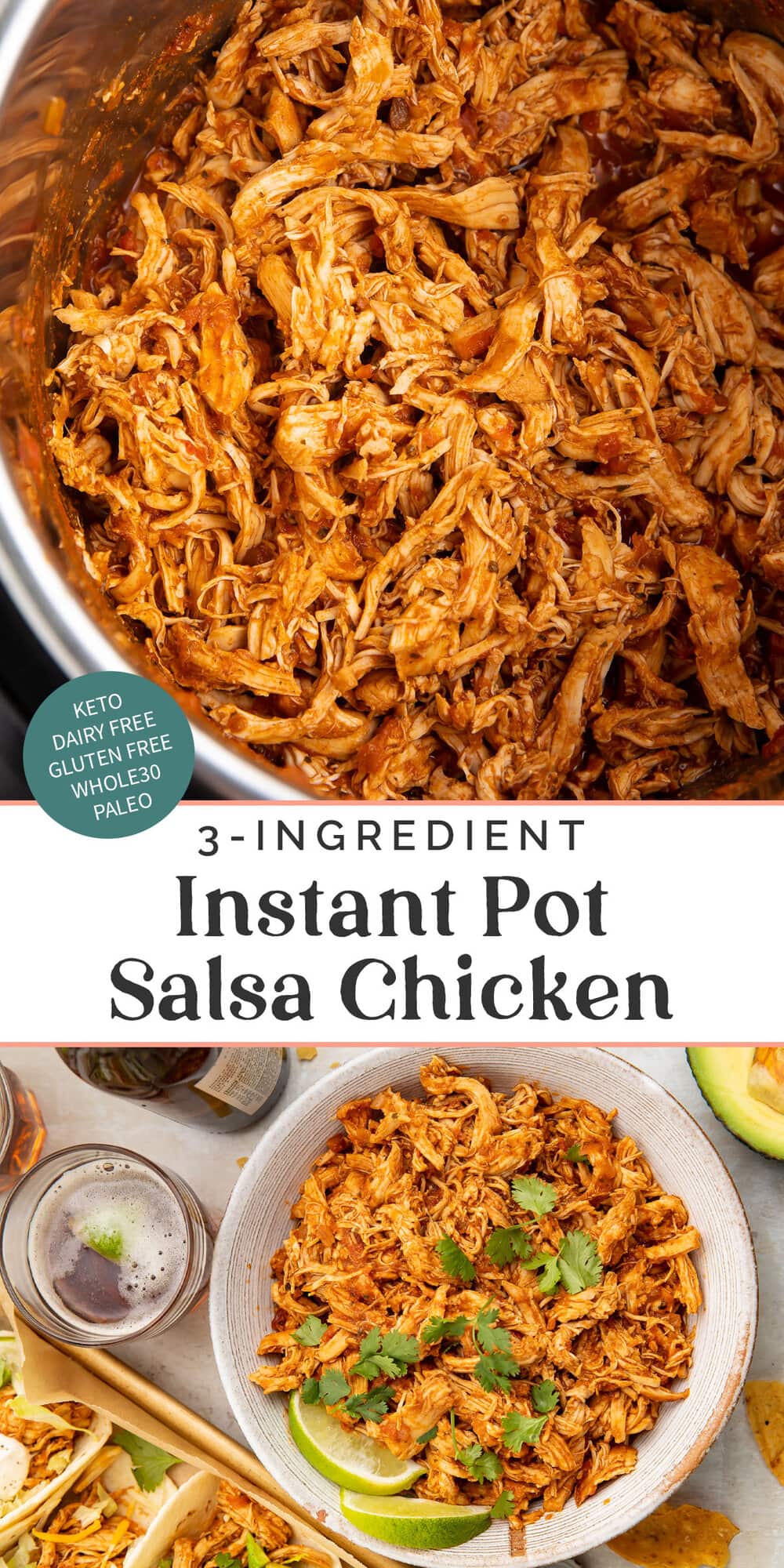 Pin graphic for Instant Pot salsa chicken.