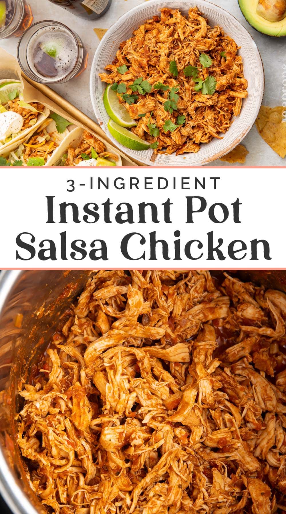 Pin graphic for Instant Pot salsa chicken.