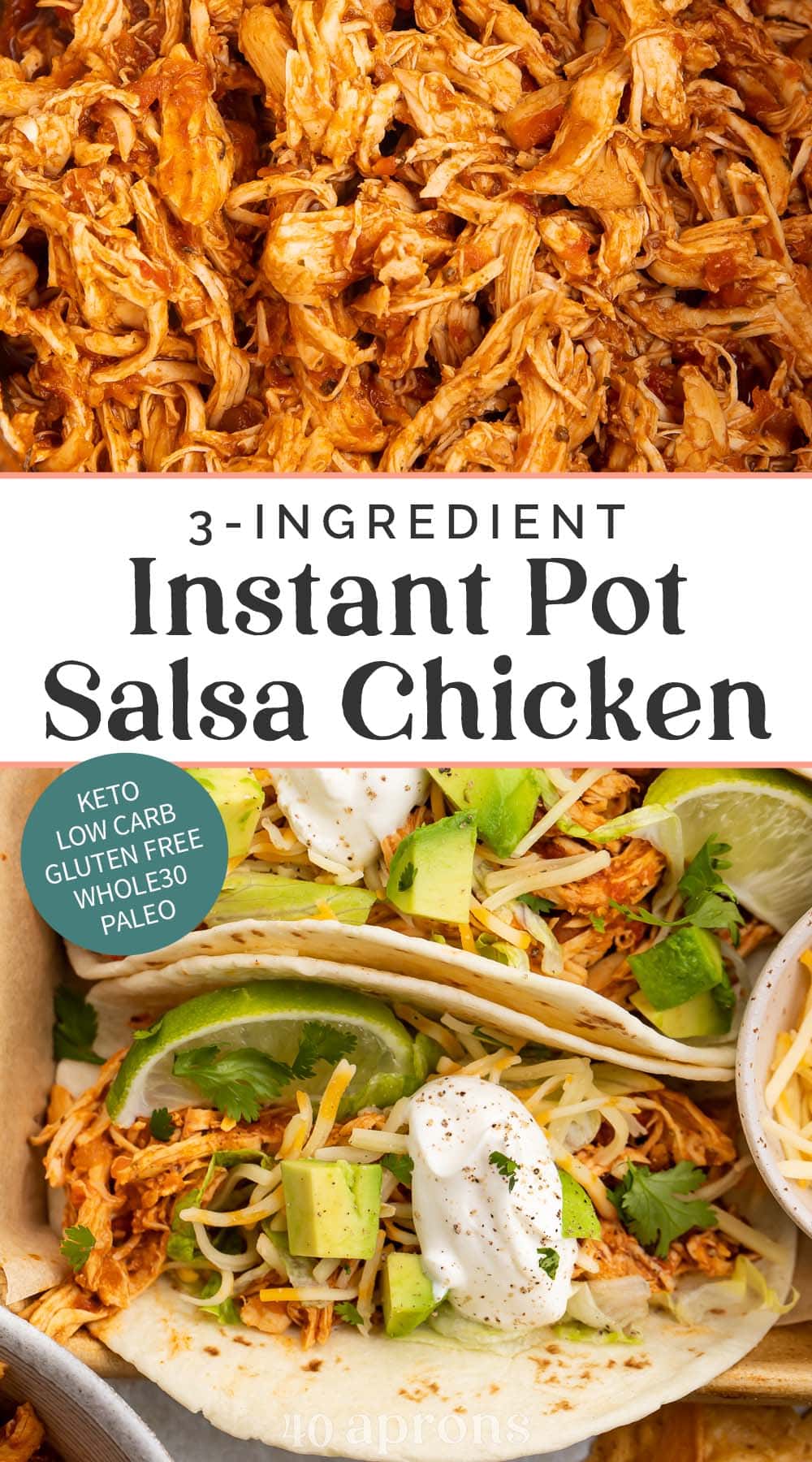 Pin graphic for Instant Pot salsa chicken.