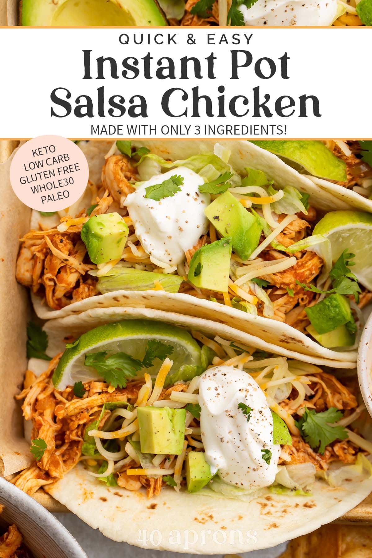 Pin graphic for Instant Pot salsa chicken.