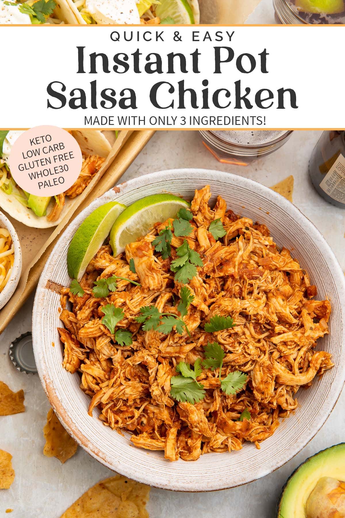 Pin graphic for Instant Pot salsa chicken.