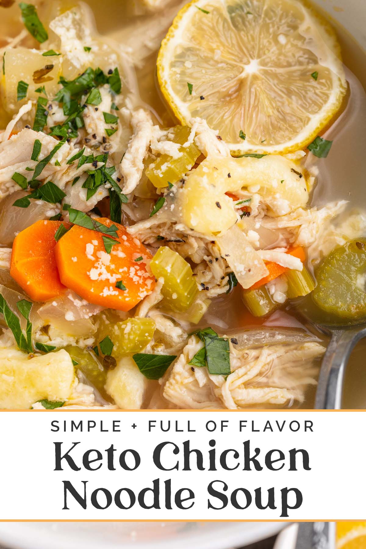 Pin graphic for keto chicken noodle soup.