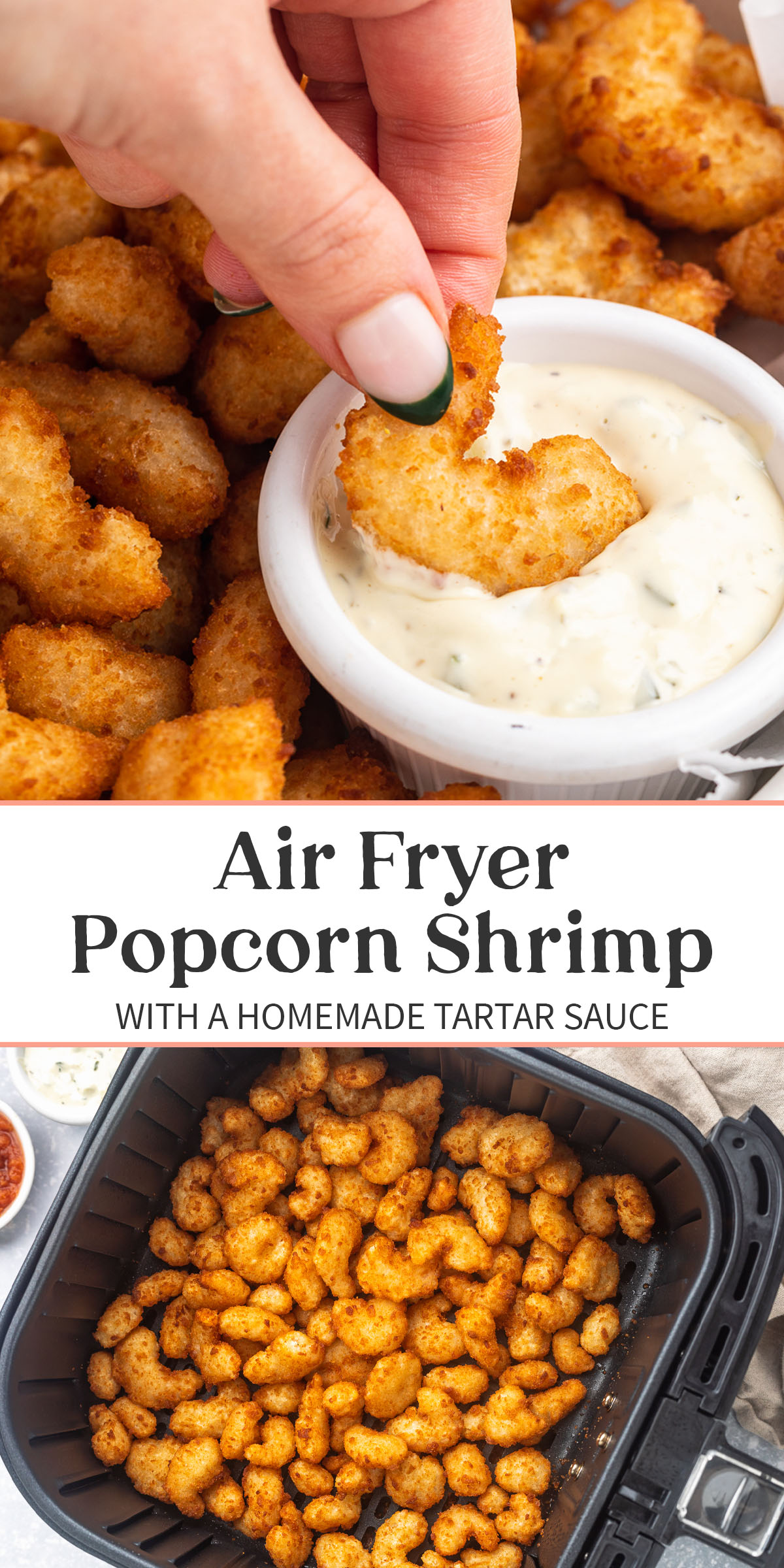 Pin graphic for popcorn shrimp in the air fryer.