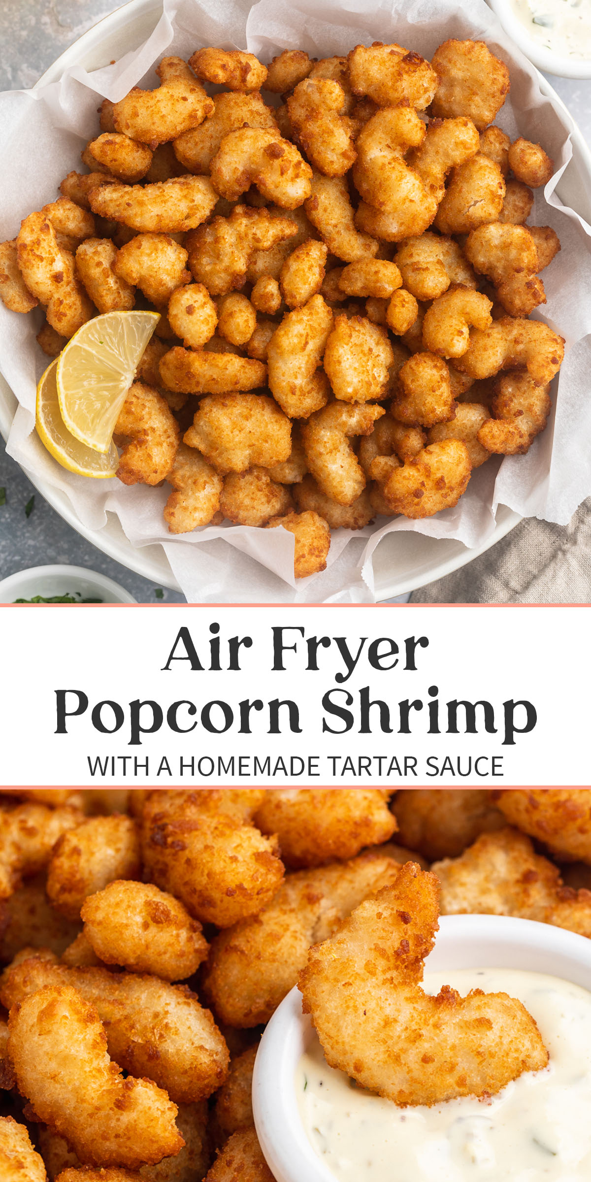 Pin graphic for popcorn shrimp in the air fryer.