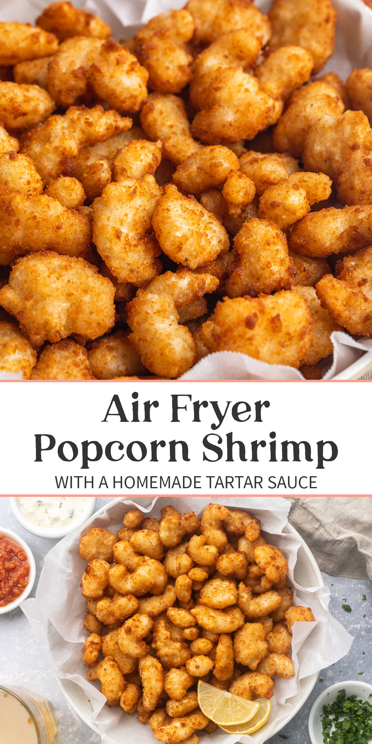 Pin graphic for popcorn shrimp in the air fryer.