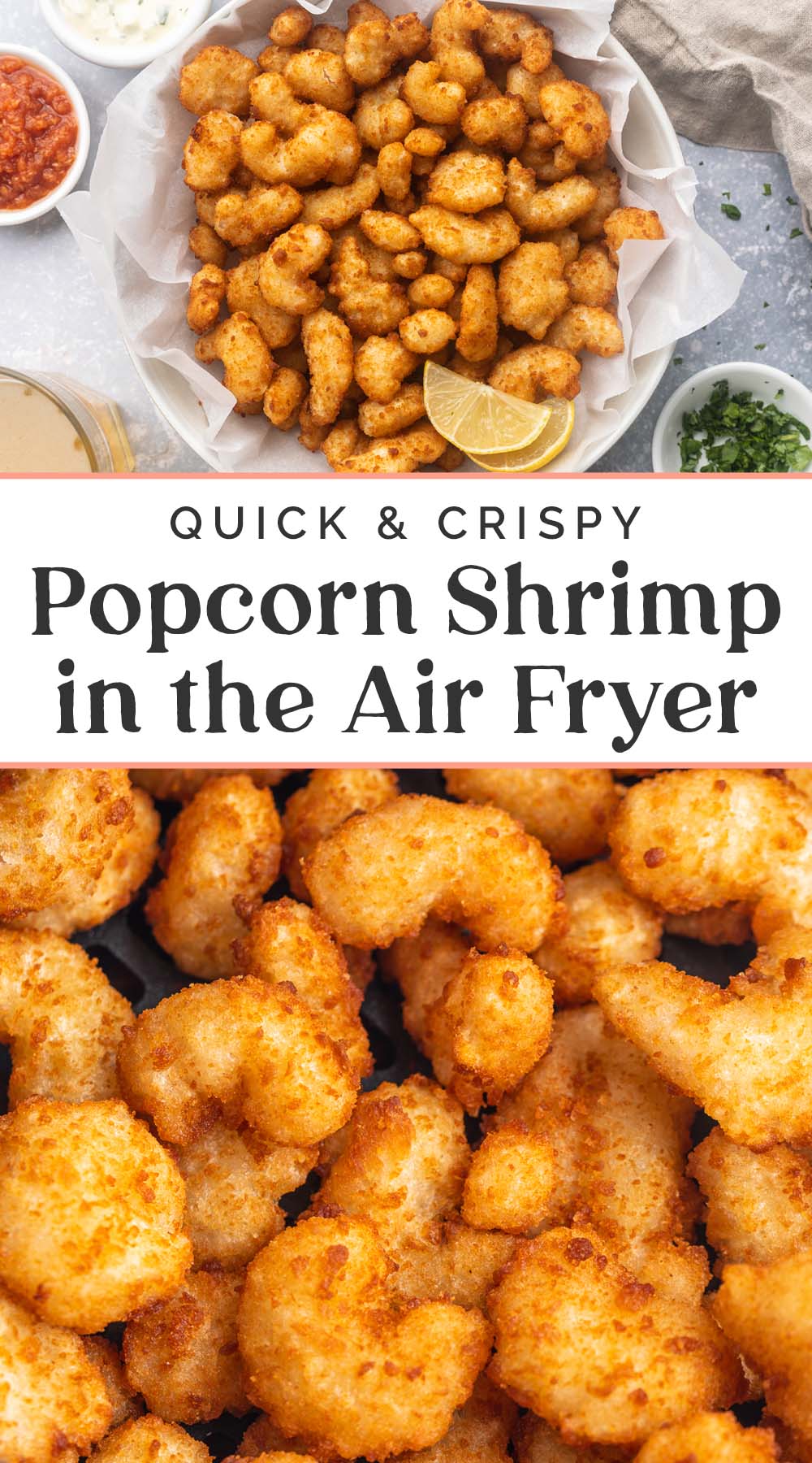 Pin graphic for popcorn shrimp in the air fryer.