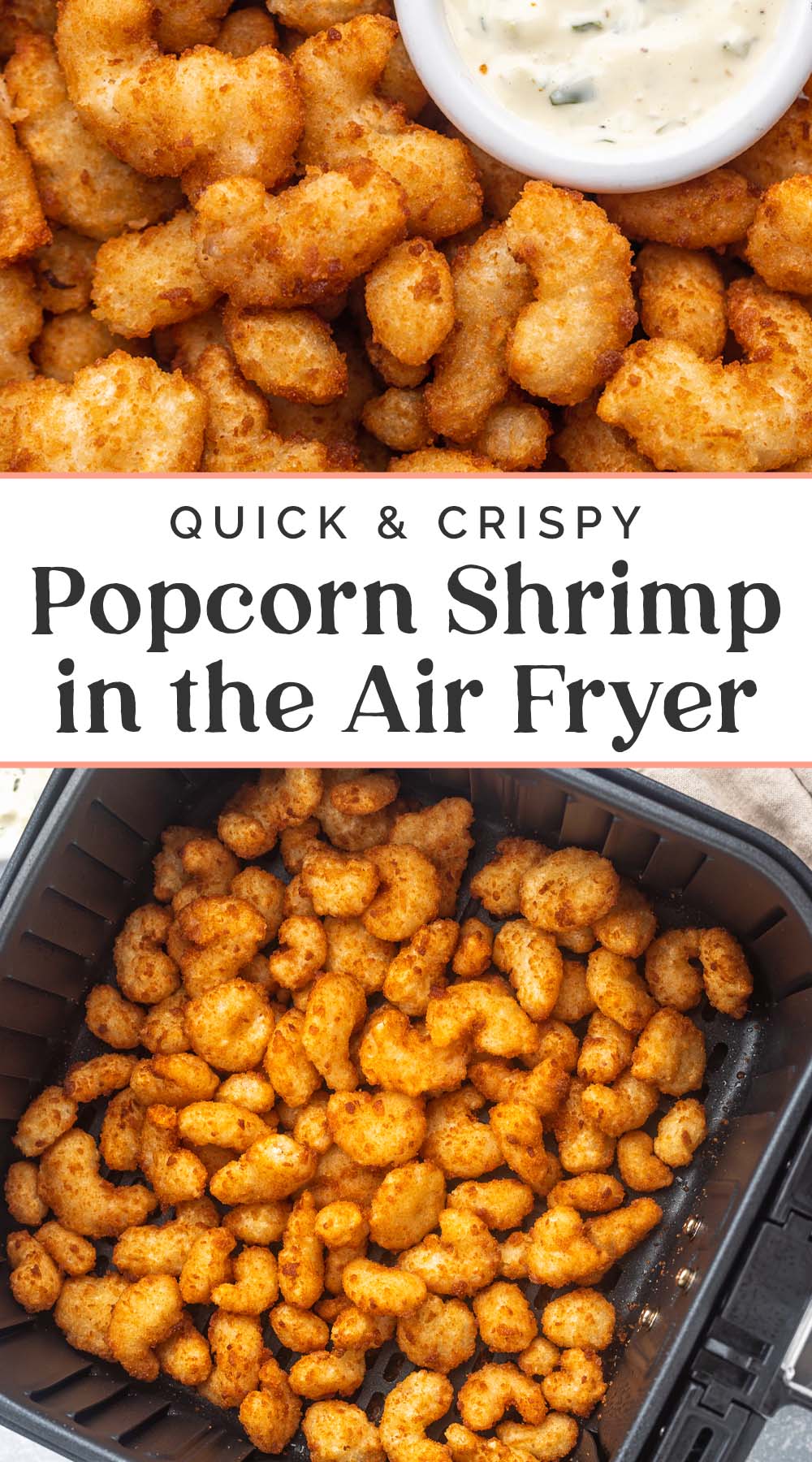 Pin graphic for popcorn shrimp in the air fryer.