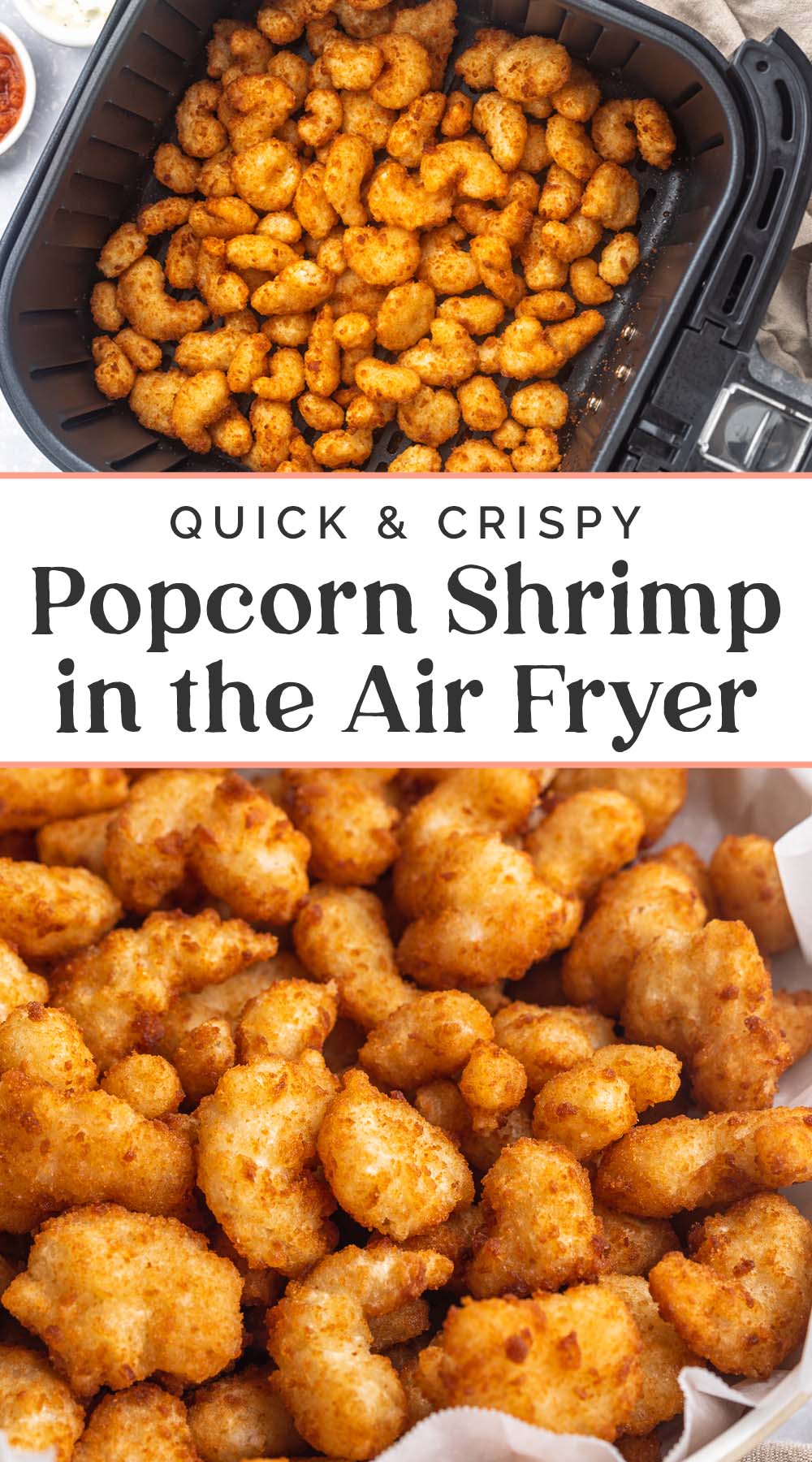 Pin graphic for popcorn shrimp in the air fryer.