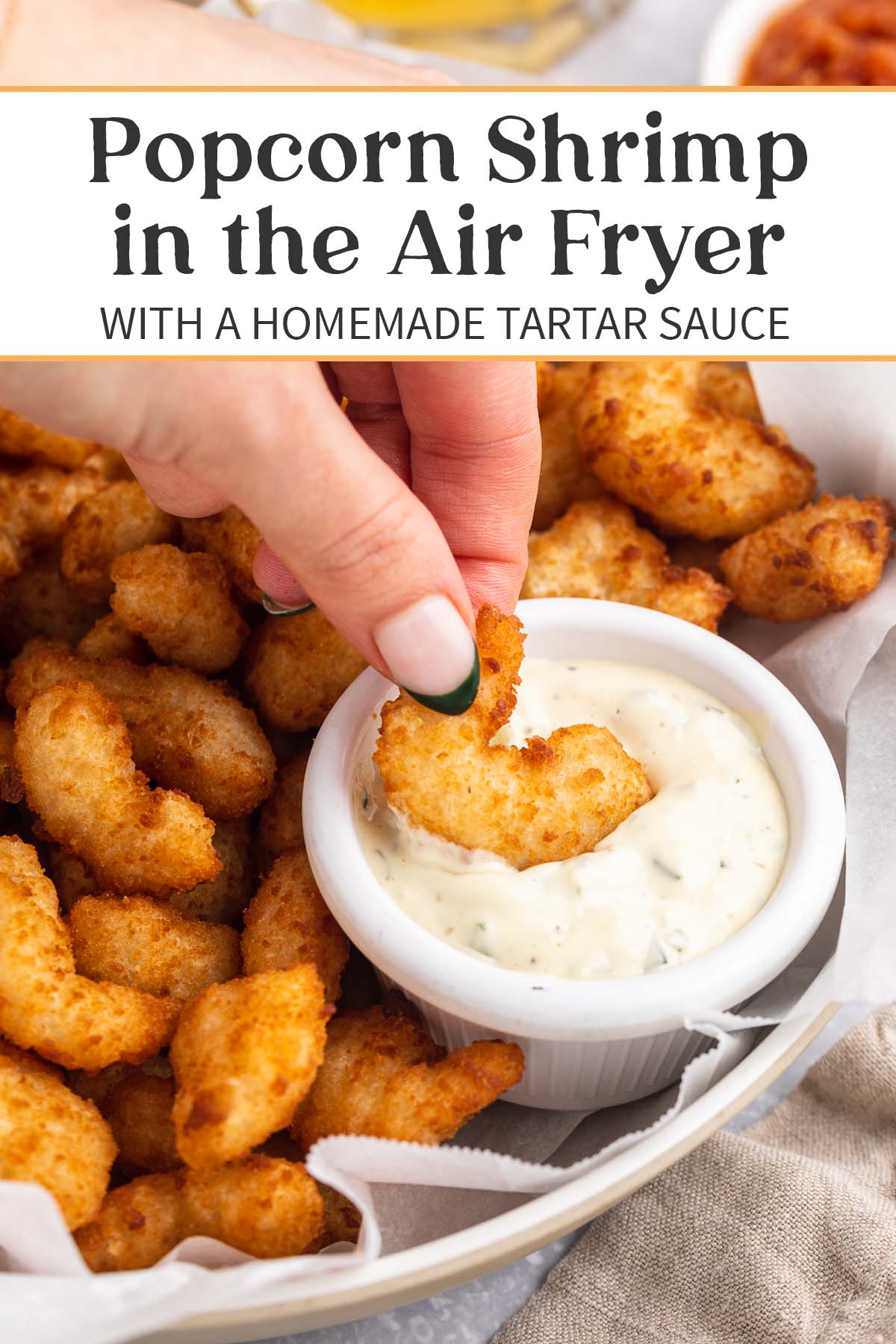 Pin graphic for popcorn shrimp in the air fryer.