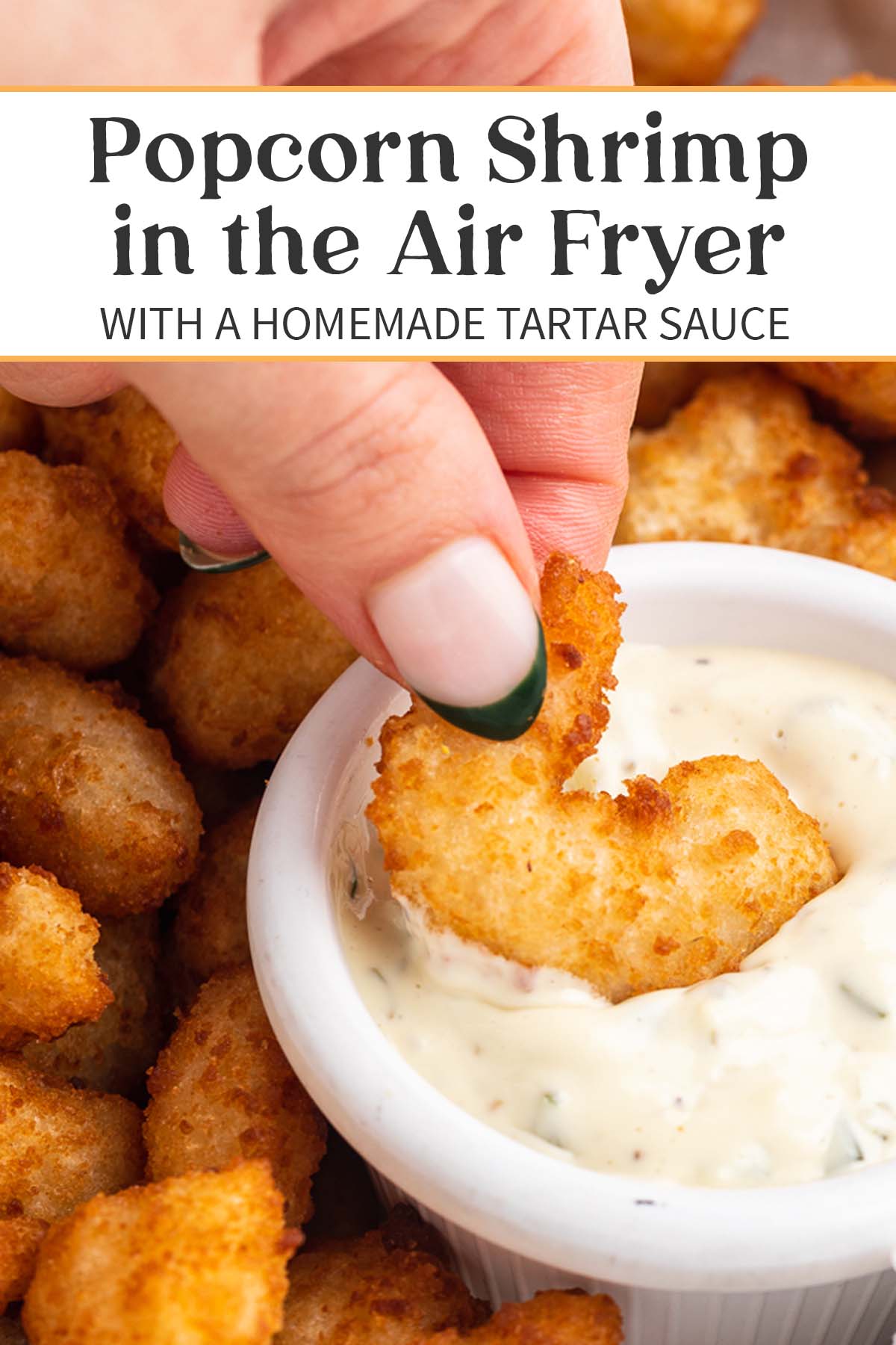 Pin graphic for popcorn shrimp in the air fryer.