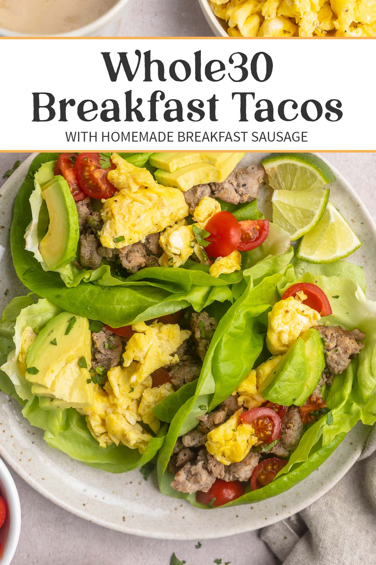 Pin graphic for Whole30 breakfast tacos.