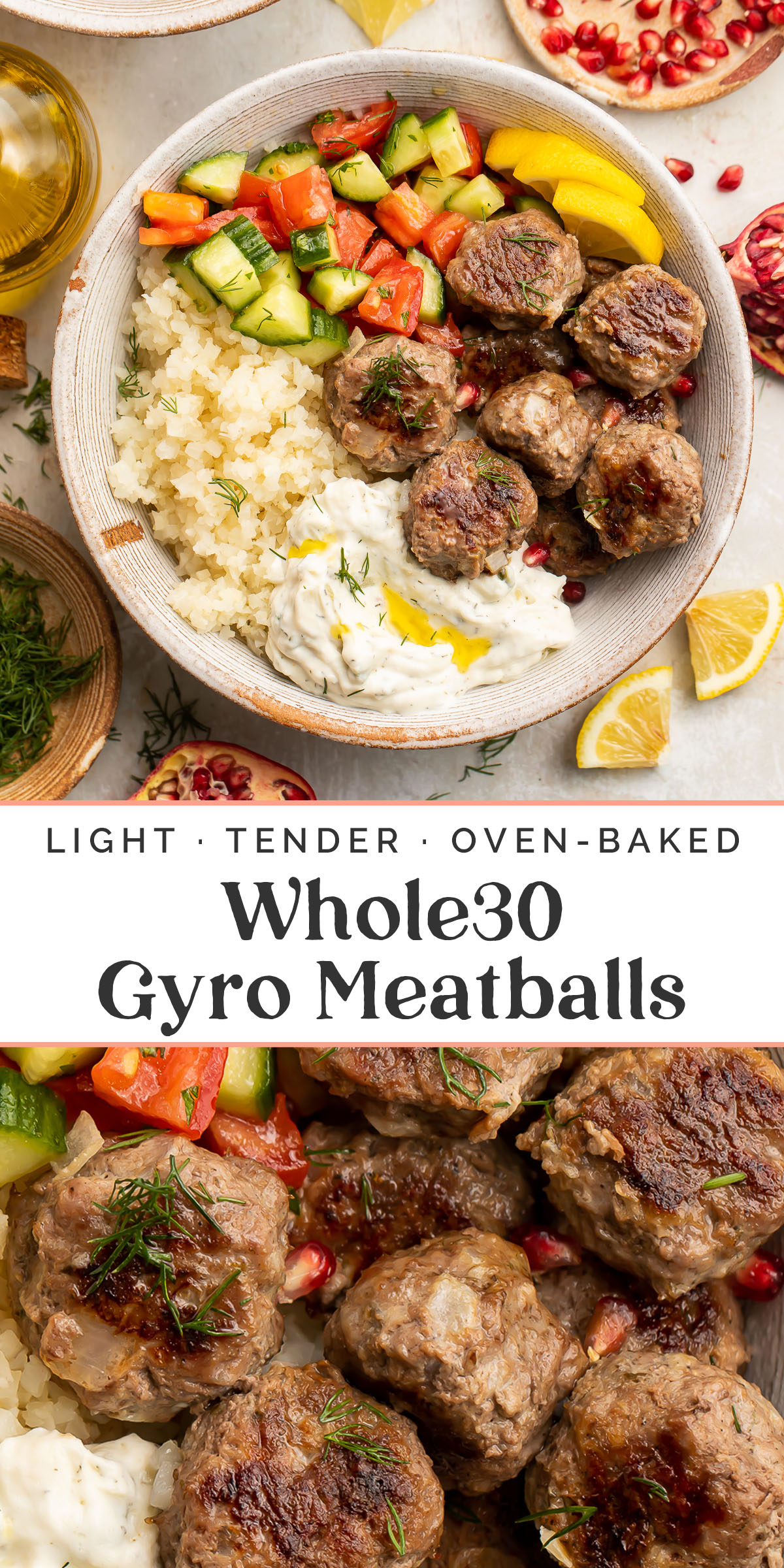 Pin graphic for Whole30 gyro meatballs.