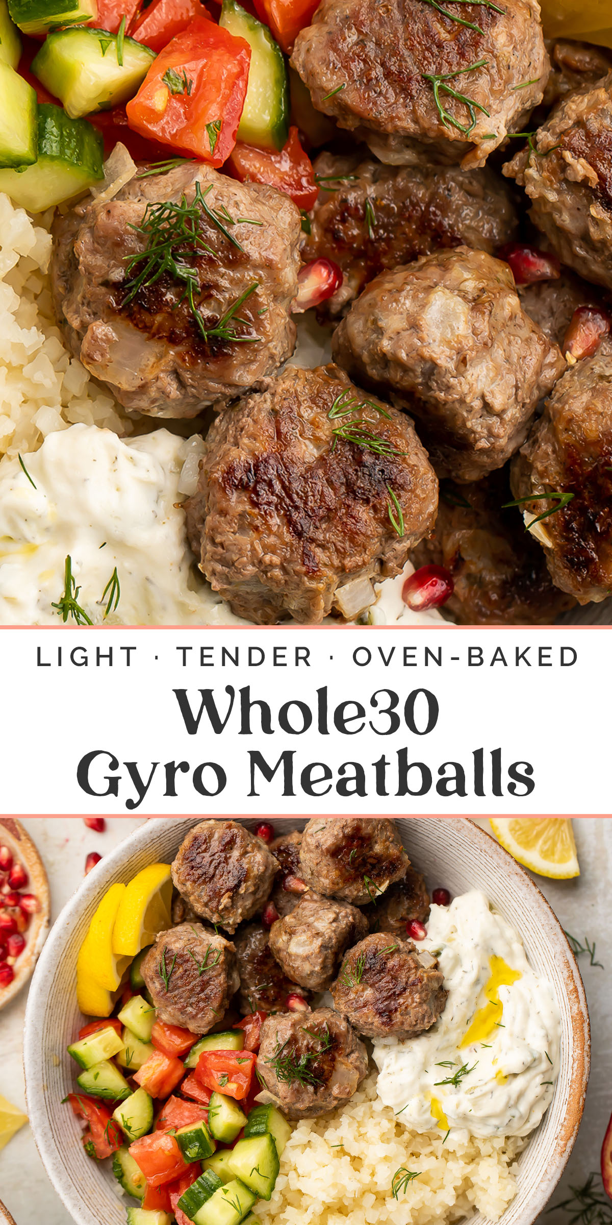 Pin graphic for Whole30 gyro meatballs.