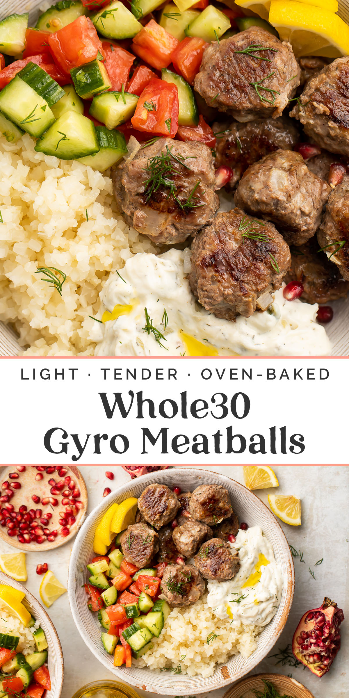 Pin graphic for Whole30 gyro meatballs.