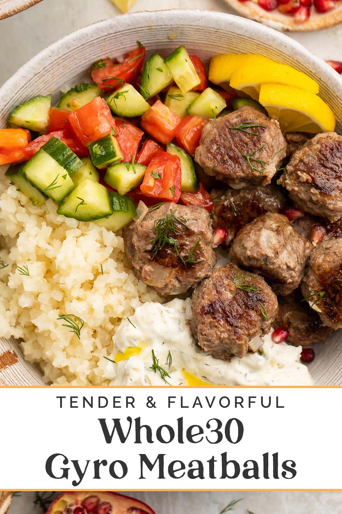 Pin graphic for Whole30 gyro meatballs.