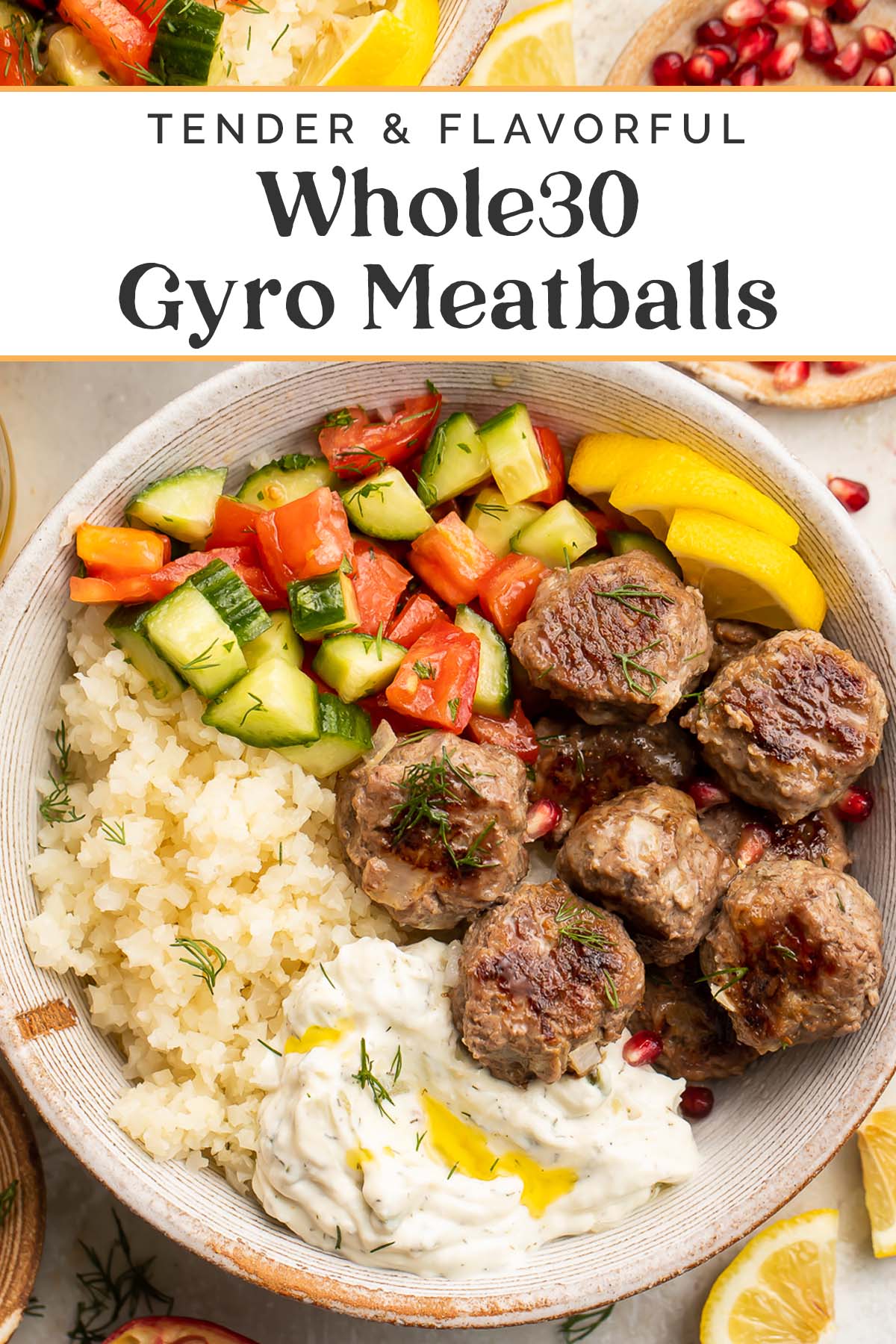 Pin graphic for Whole30 gyro meatballs.