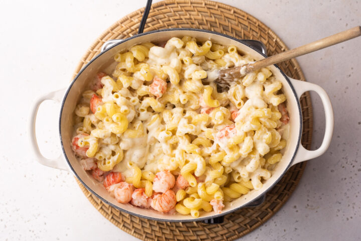 Lobster mac and cheese in a large casserole dish with two handles.